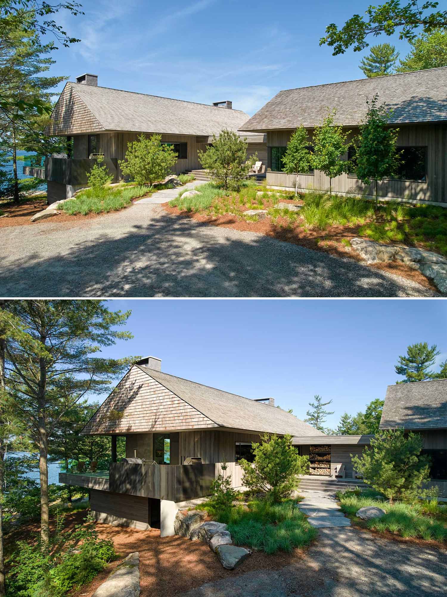 A modern cottage in Canada that's clad in rough-sawn cedar boards and western red cedar shakes.