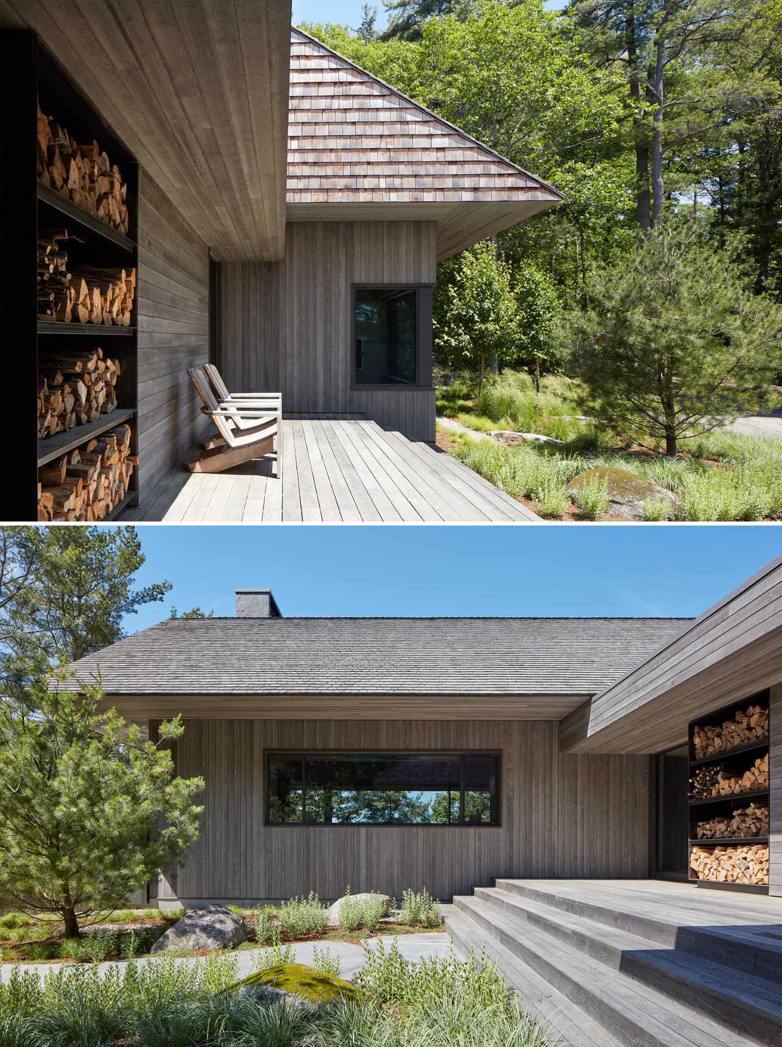 The front entry features a built-in firewood storage rack made of hot-rolled blackened steel, while the cottage's exaggerated gabled rooftops and pronounced chimney stacks are a playful take on the cabin vernacular.