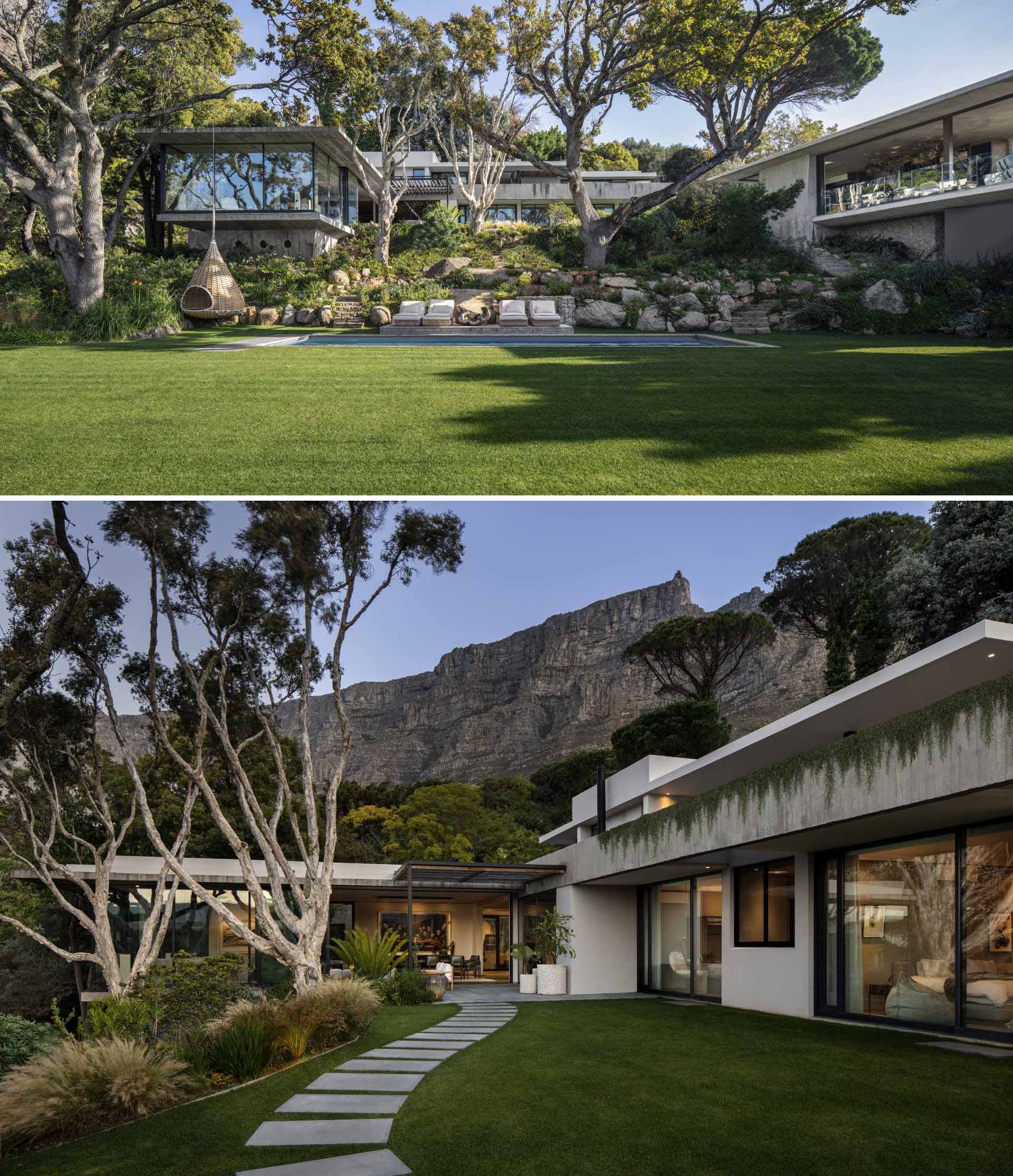 A modern house in Cape Town, South Africa, that includes a rock garden and swimming pool.