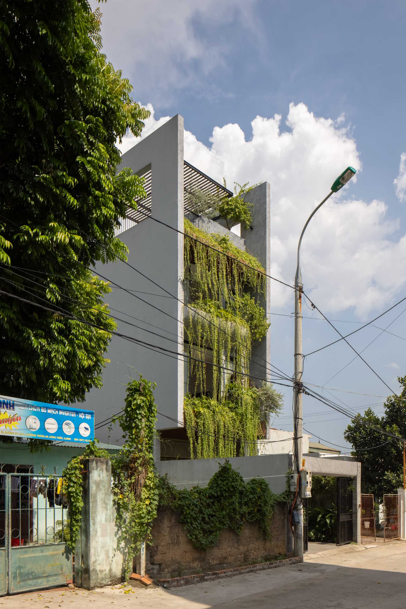 To integrate nature into the design of this modern home, Chrysanthemum curtains have been planted on the balconies, helping to soften the exterior and solve the problem of heat radiation, as well as the hot dry wind. The plants also assist in shielding the interior from the rain.