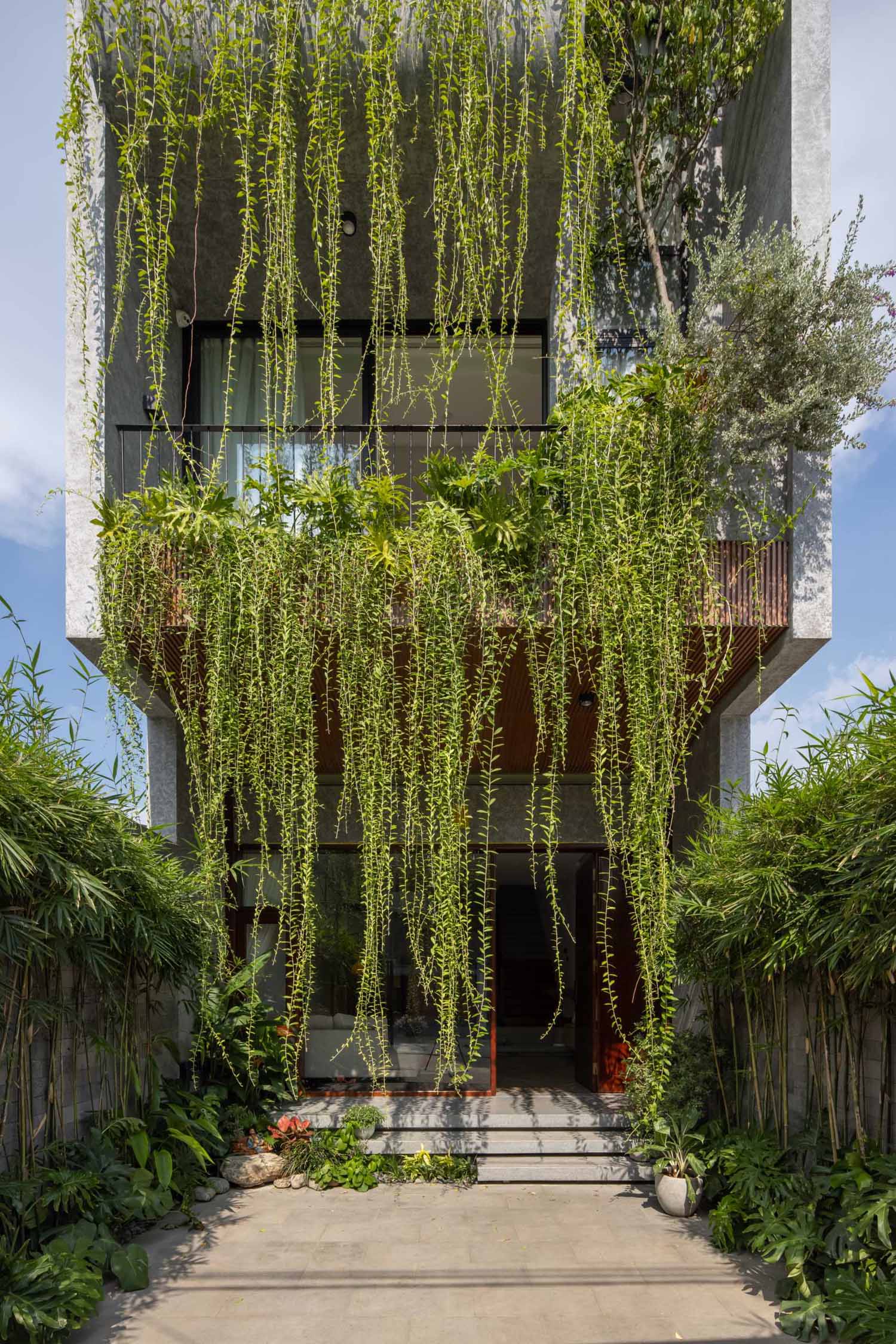 To integrate nature into the design of the home, Chrysanthemum curtains have been planted on the balconies, helping to soften the exterior and solve the problem of heat radiation, as well as the hot dry wind. The plants also assist in shielding the interior from the rain.