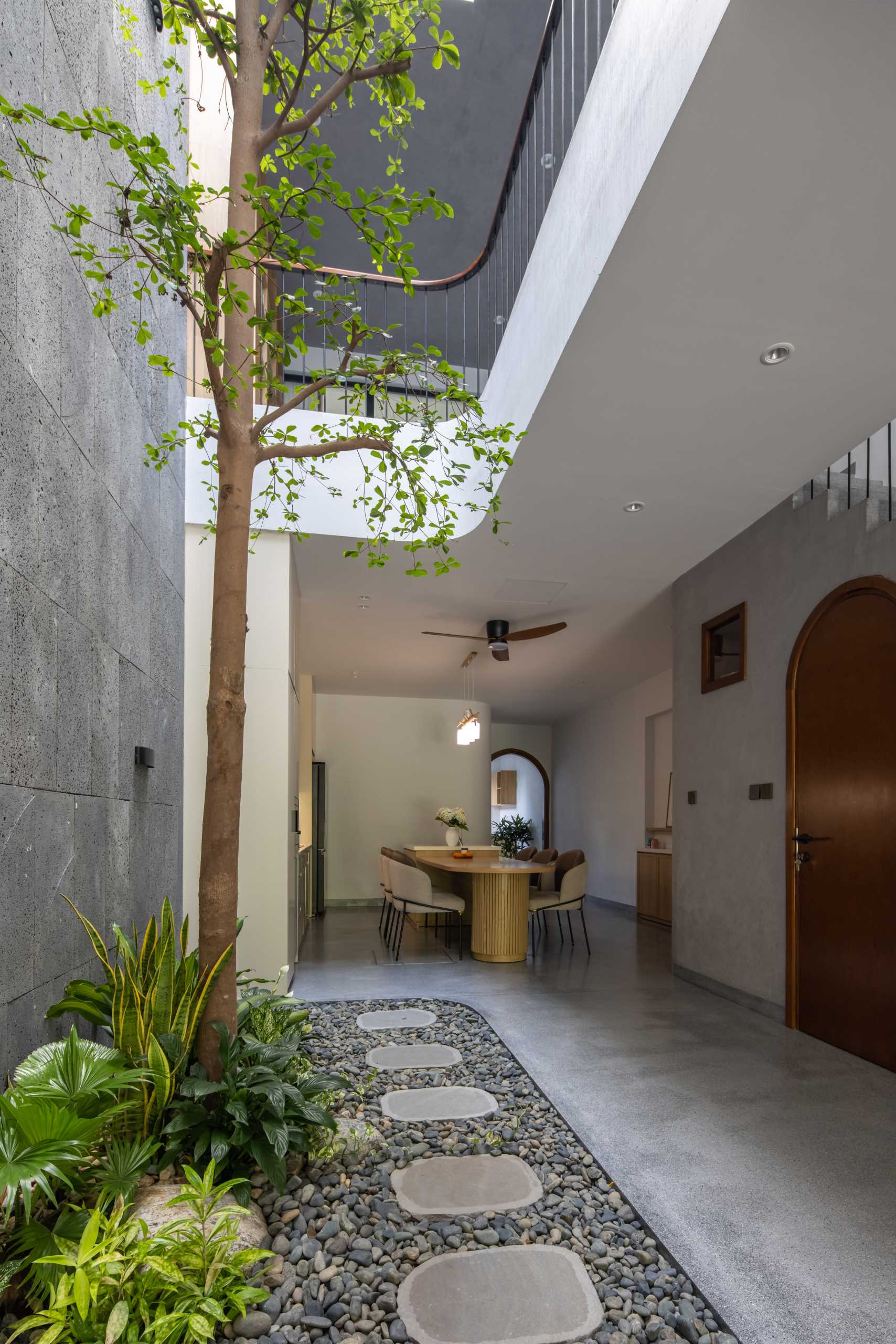 The living room in this modern home also has a view of an interior garden with a tree and smaller plants, that line the walkway to the dining area and kitchen.