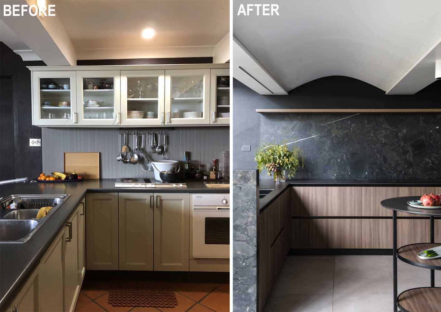 Plywood arches with LED lighting were added between the ceiling beams to create a sense of height in this renovated modern kitchen.