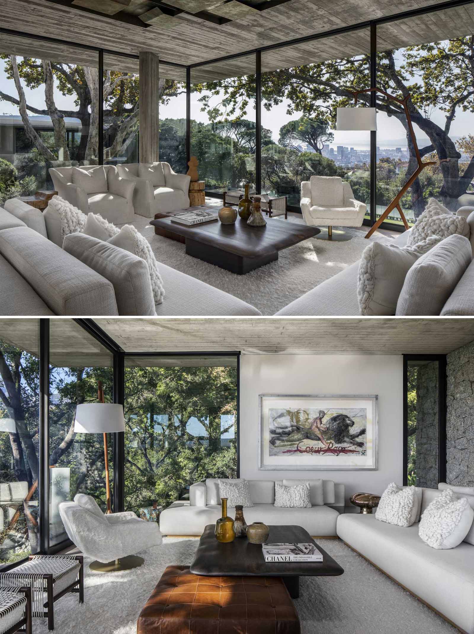 In this modern living room, floor-to-ceiling windows flood the room with natural light, while the inspiration for the room is mid-century design. 