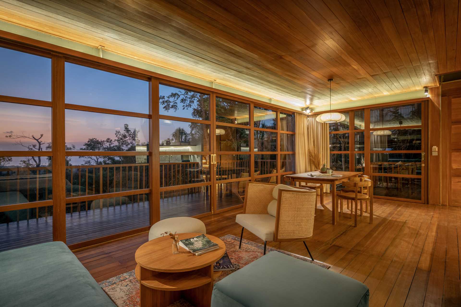 Hidden lighting adds a soft glow to this wood interior.