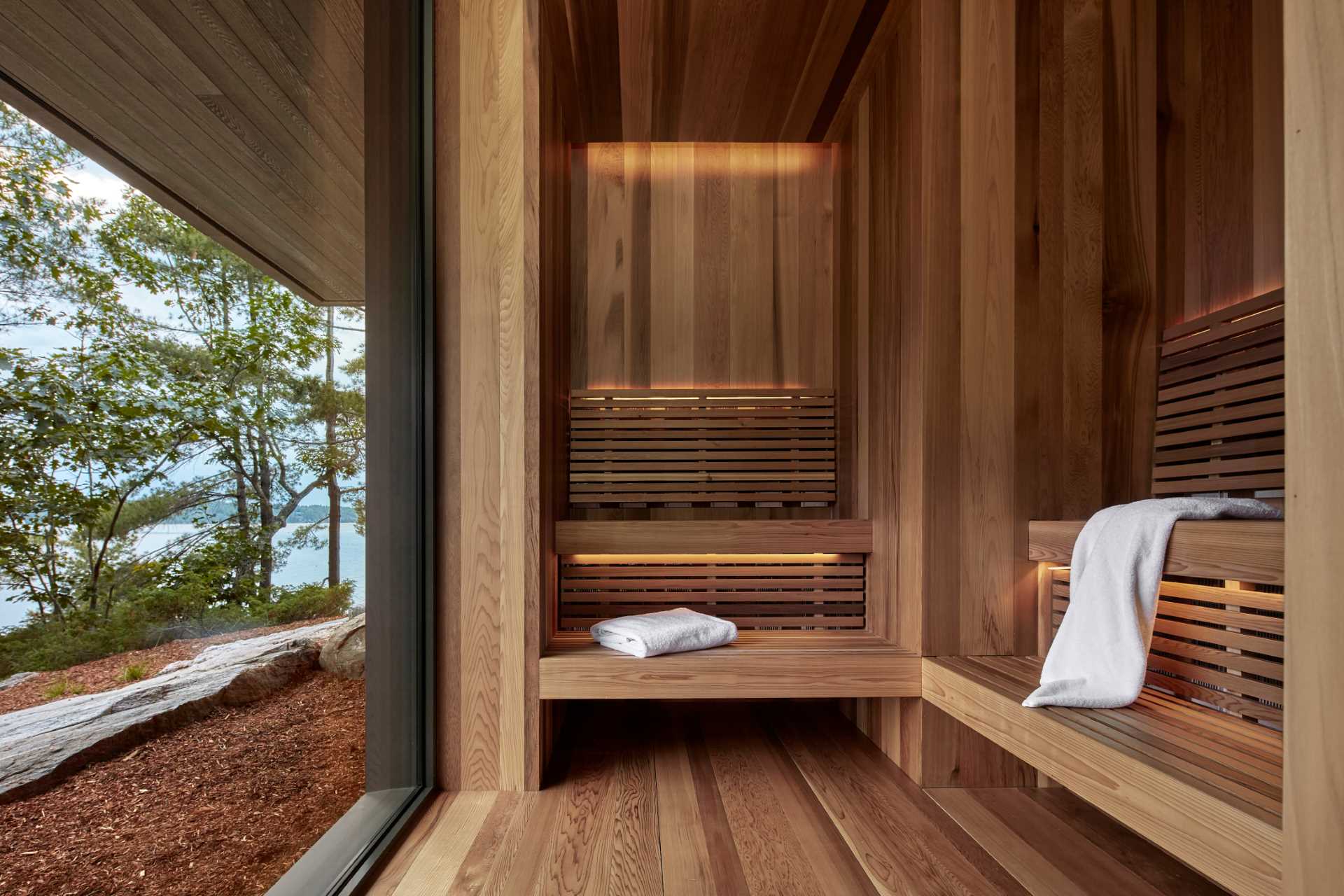 An infrared sauna located on the lower level is only steps away from the lakeshore.