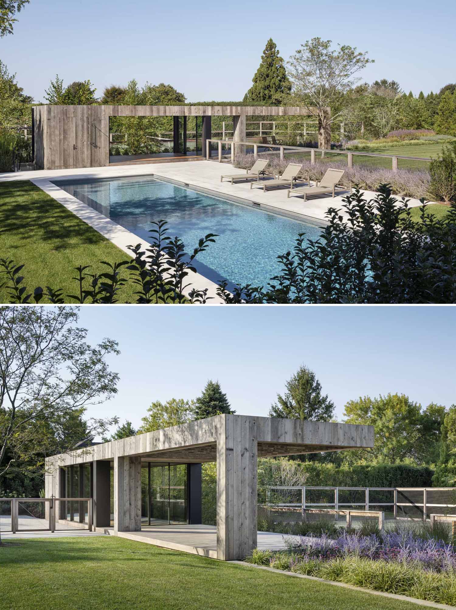 A modern pool house clad in reclaimed wood siding.