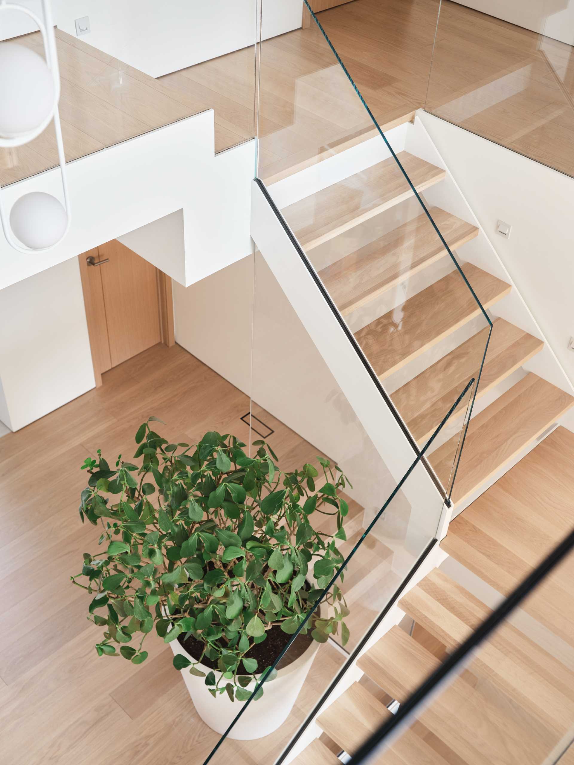 Stairs with wood treads and glass railings lead from the dining area up to the more private spaces of the home.