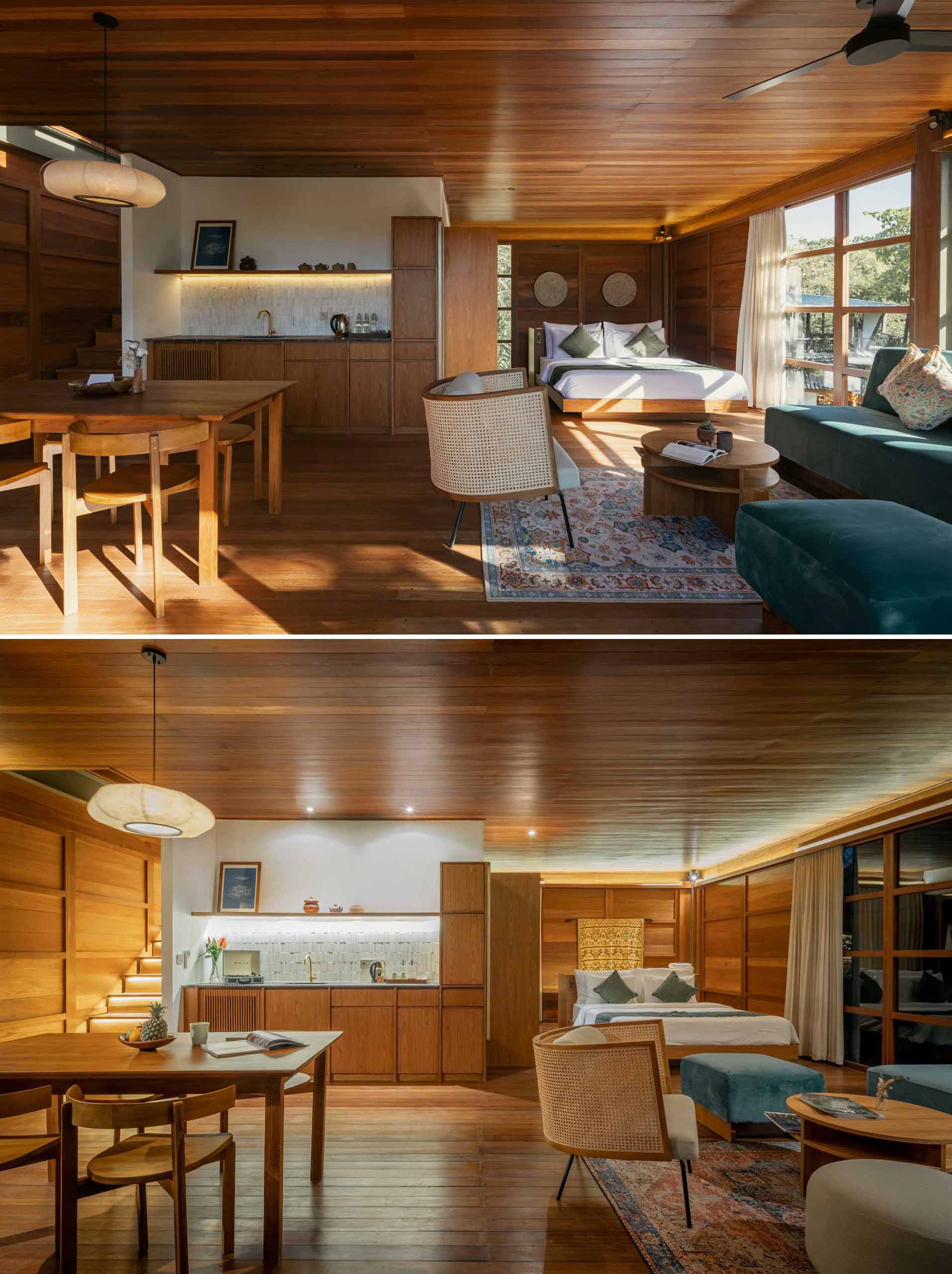 A modern cabin with hidden lighting that lights up the cabin with a soft glow at night.