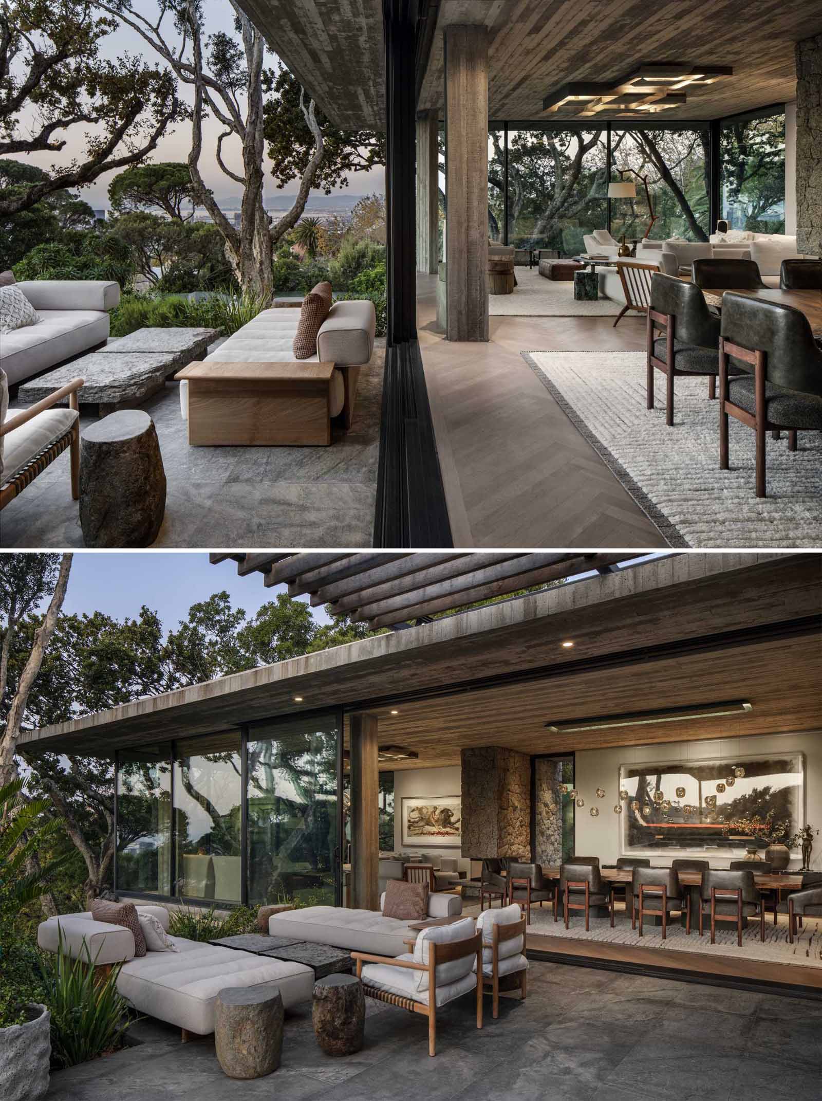 A sliding glass door opens the dining area to a terrace that's been furnished as an outdoor living room.