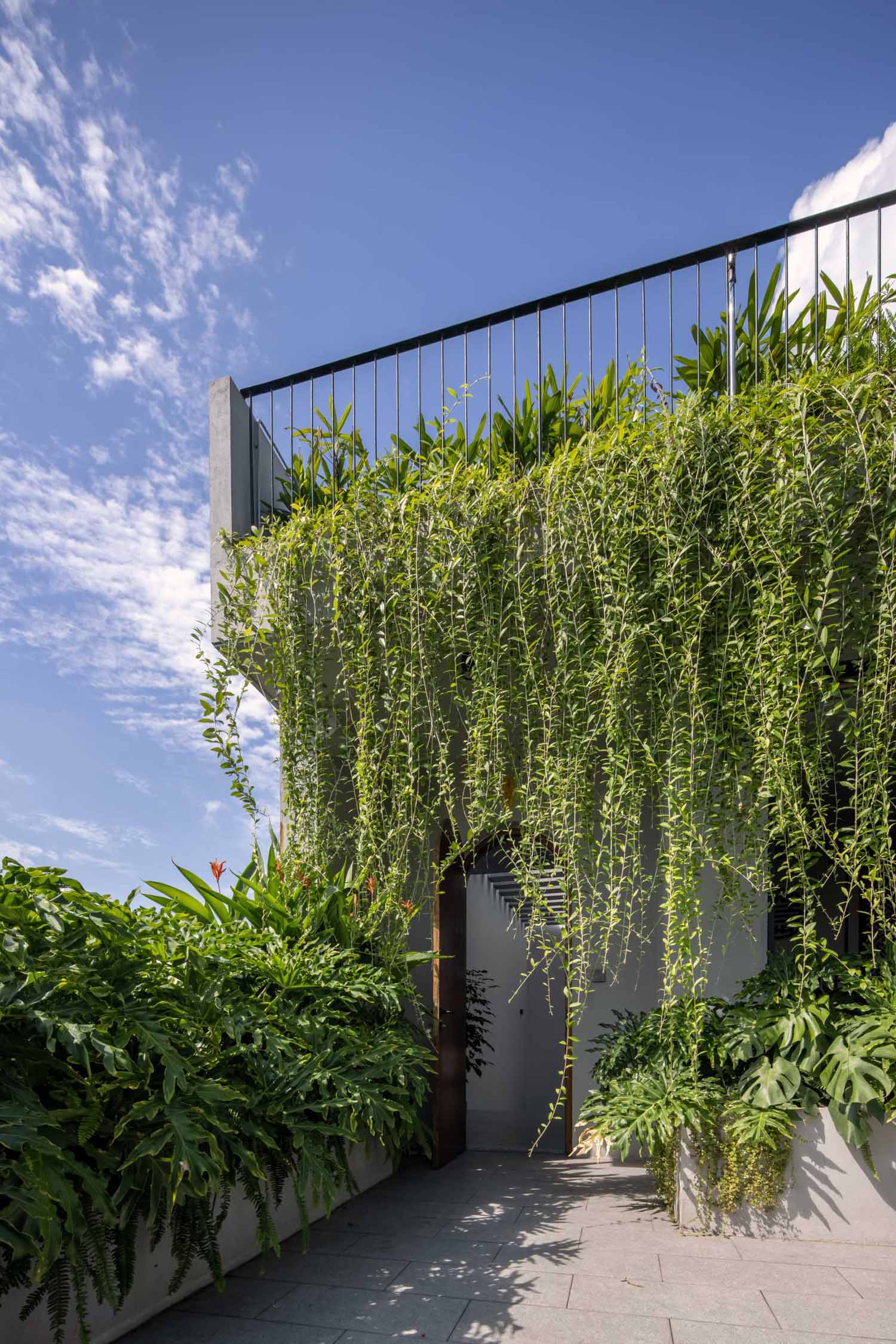 A modern rooftop patio with seating and spiral stairs that lead to an additional rooftop area with a pergola and more plants.