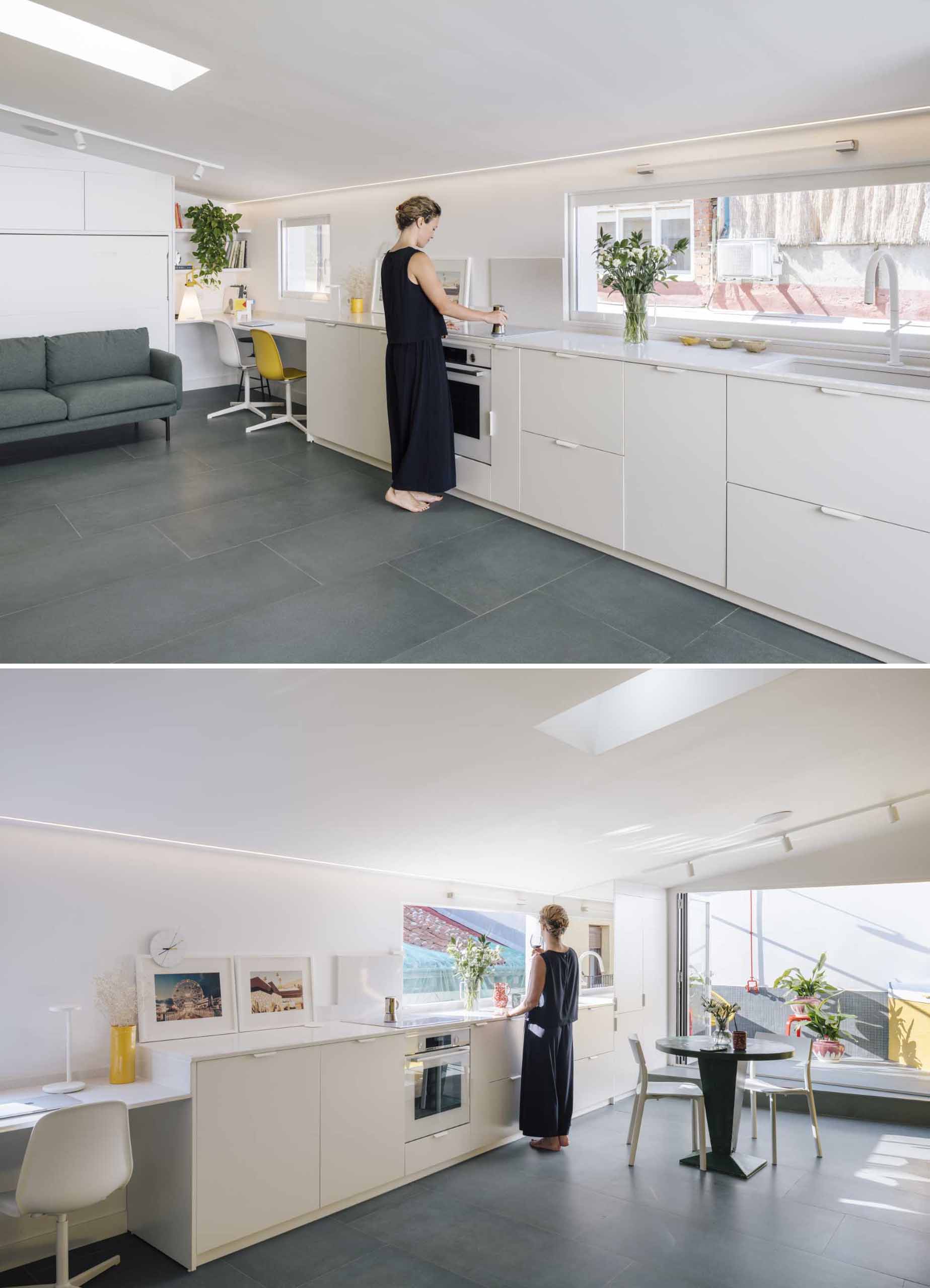 In this small apartment, a white kitchen runs along the wall and underneath the window, while the kitchen countertop transitions into the desktop in the home office.
