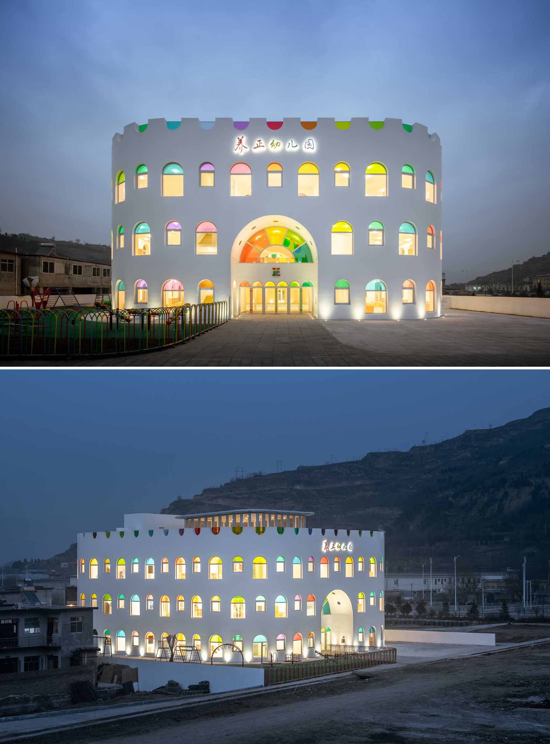 A modern white kindergarten features 10 different colors of colored glass throughout its design.