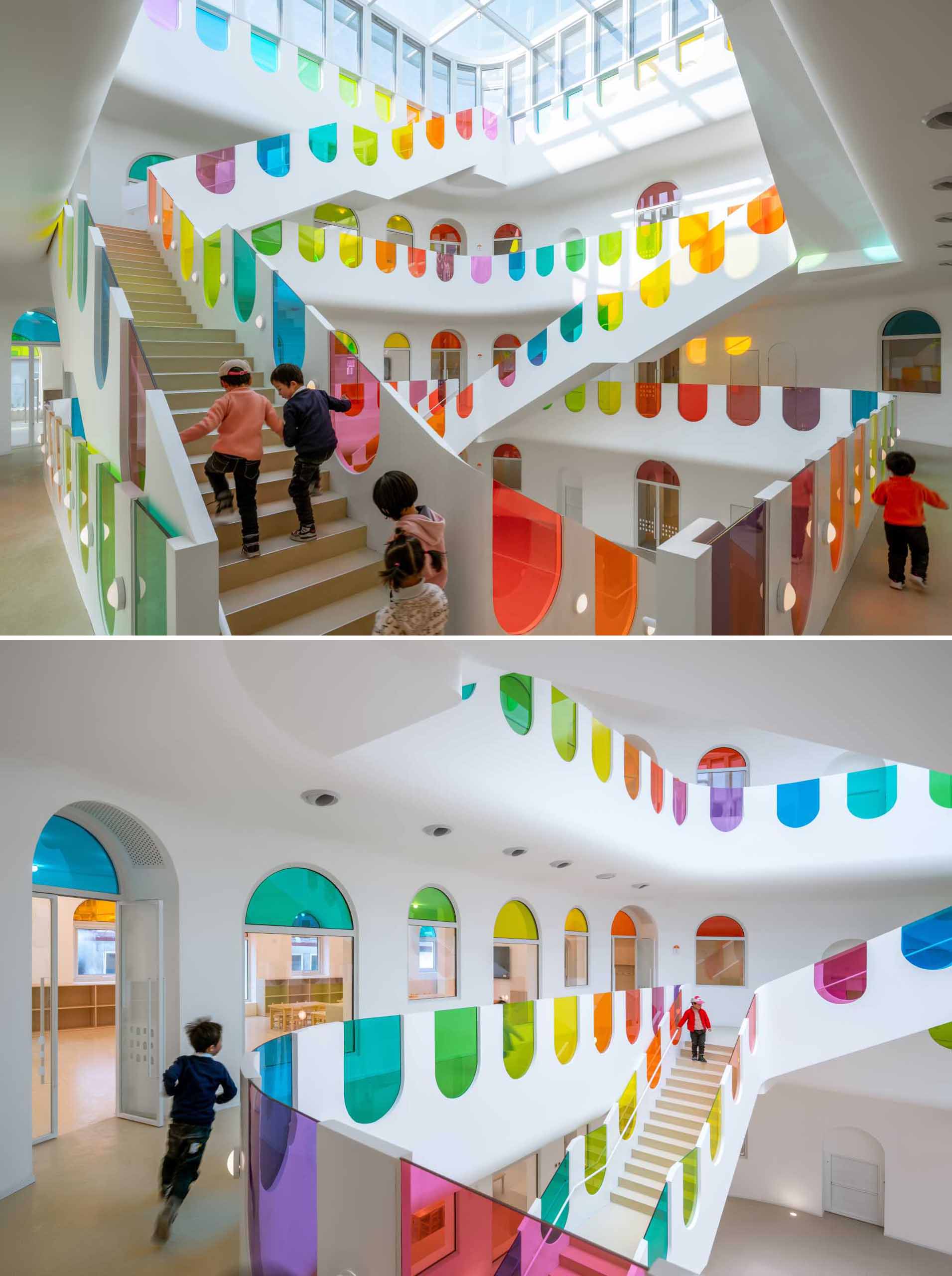 A modern white kindergarten features 10 different colors of colored glass throughout its design.