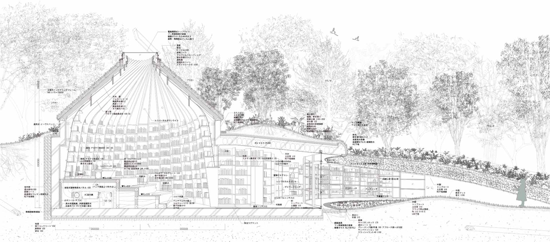 The architectural cross-section of a library built into the earth.