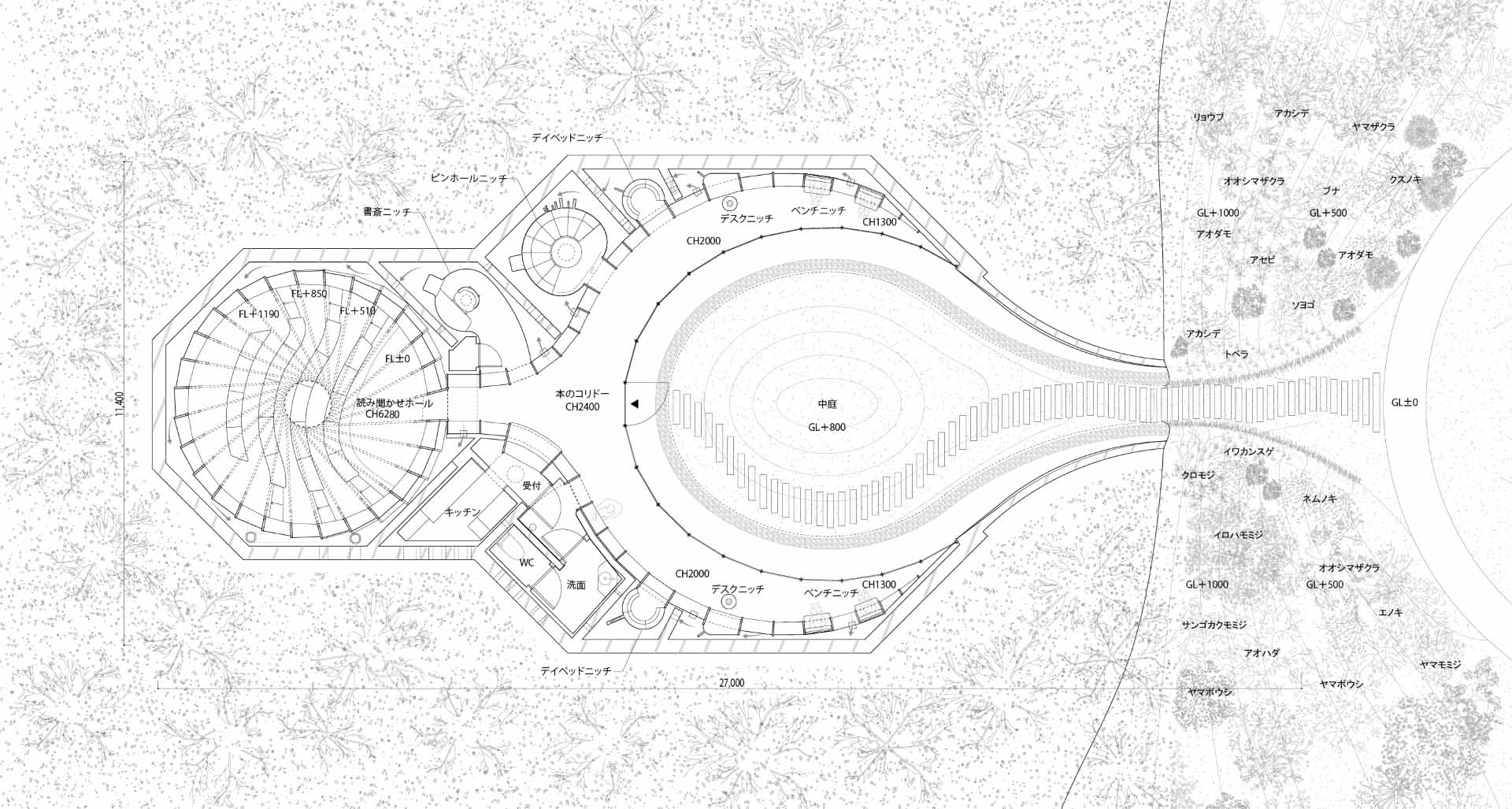 The architectural plan of a library built into the earth.