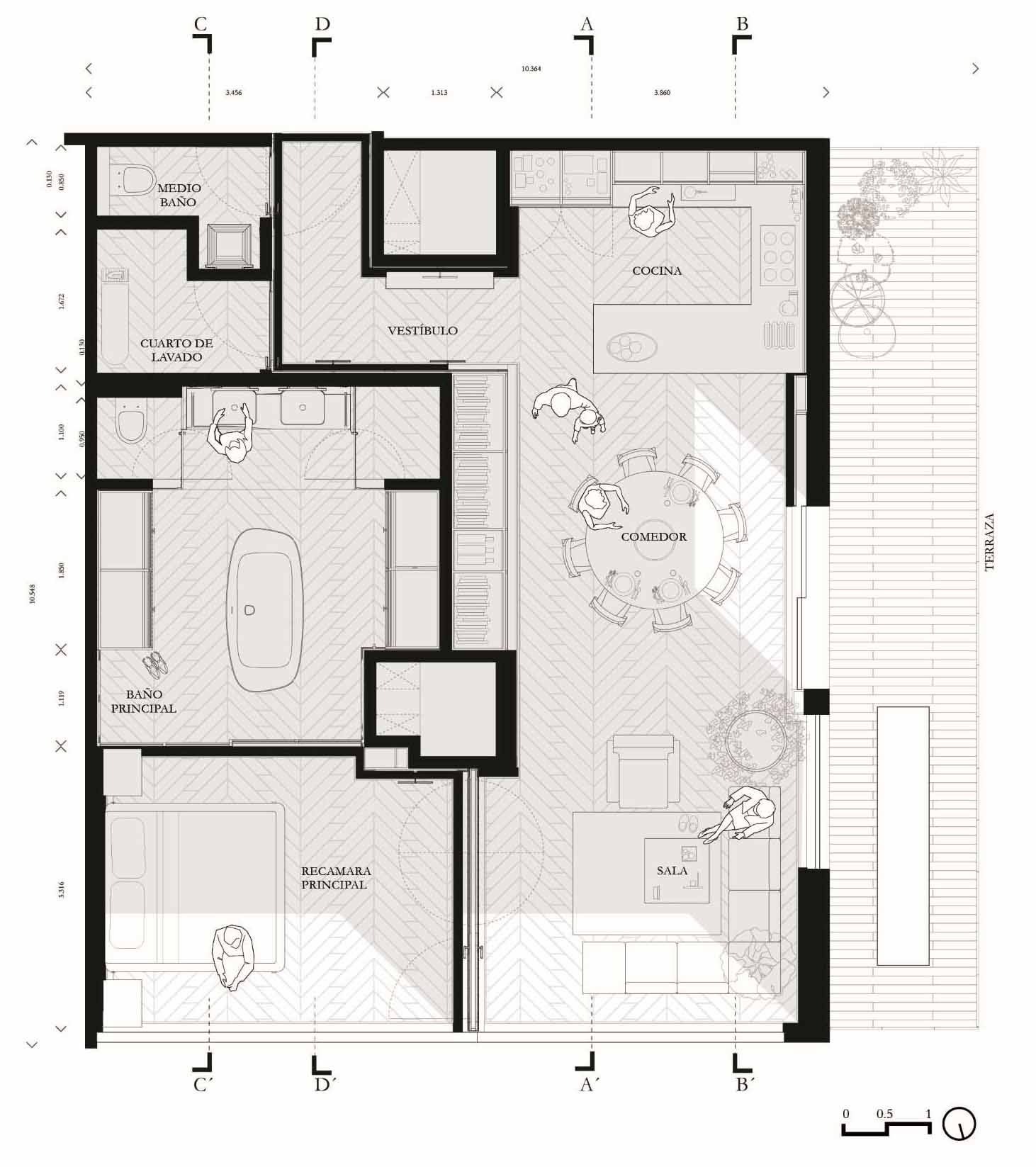 The floor plan of a modern apartment with a black interior.