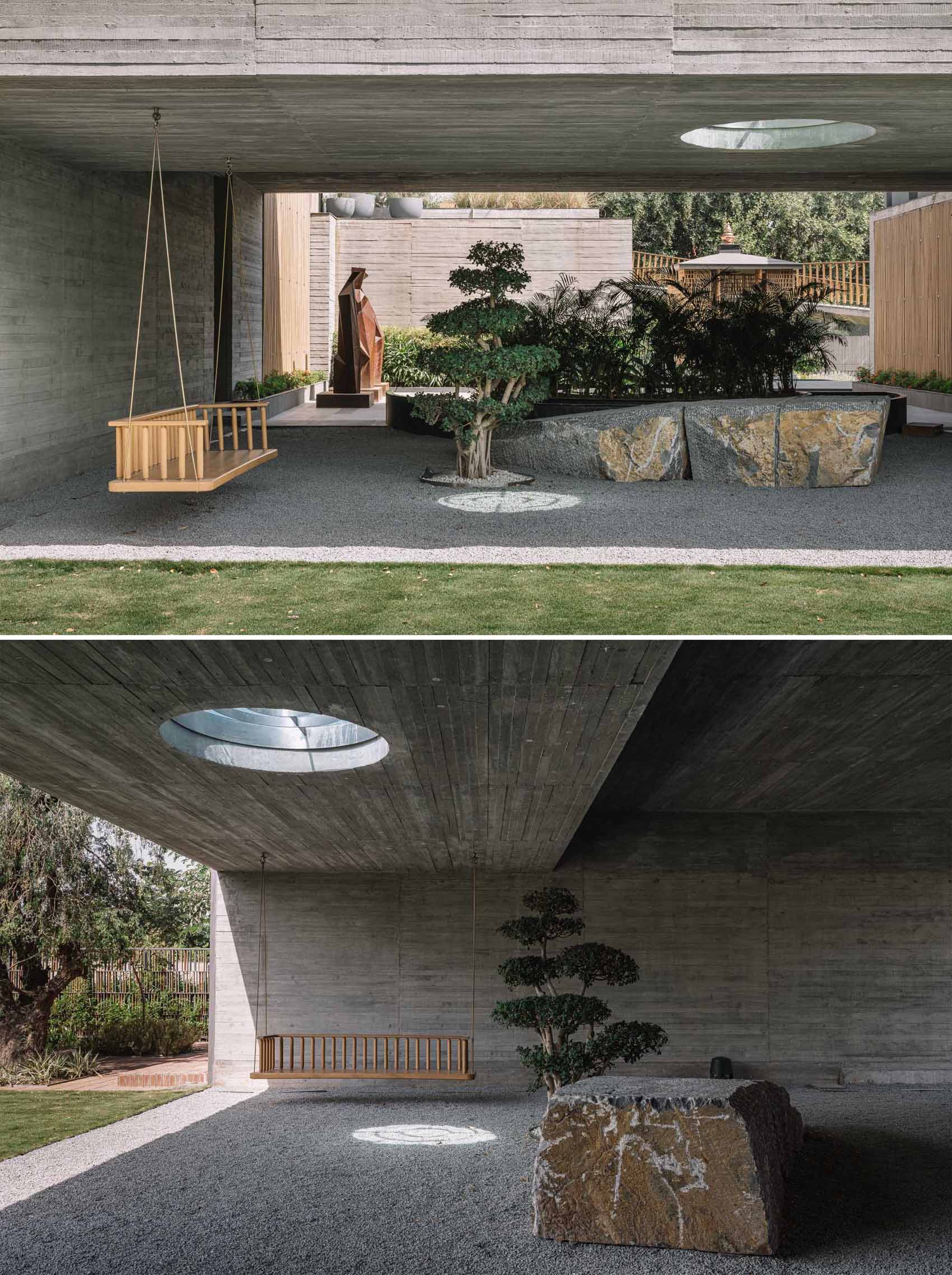 A covered outdoor space with a garden and hanging swing chair.