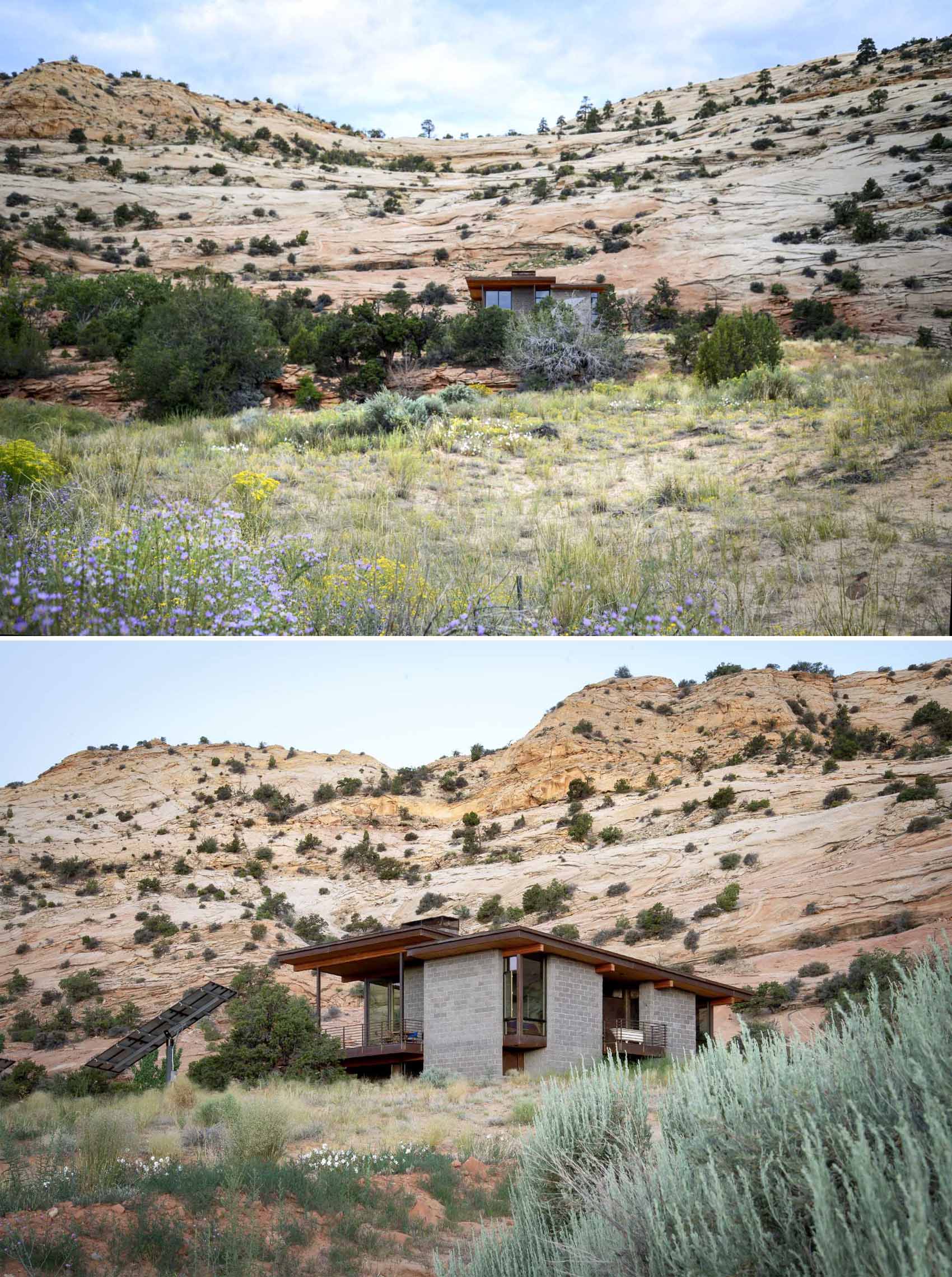 A modern desert home that features weathering steel, split-face concrete block, and cedar.