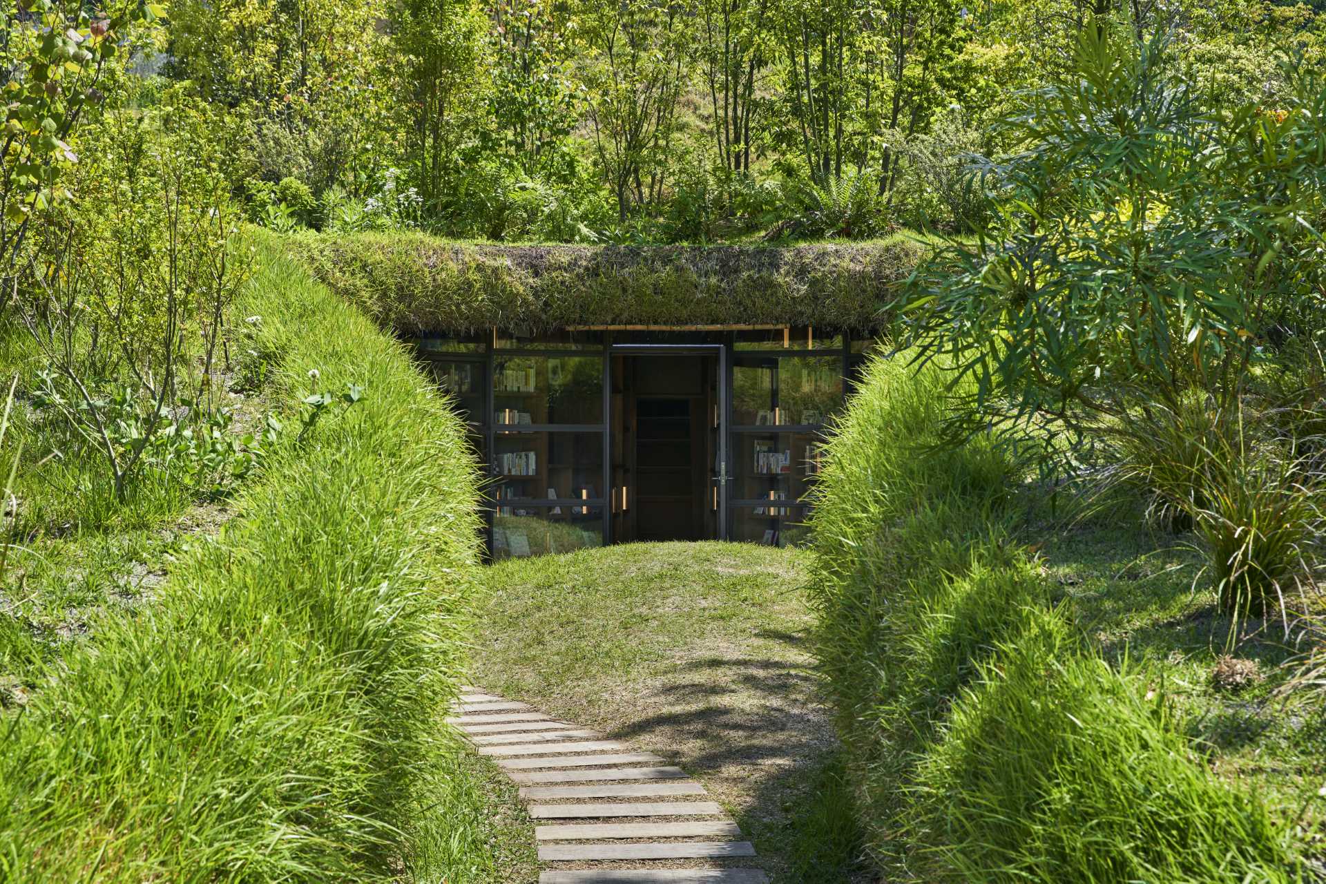 A modern library built into the earth includes a curved glass wall and bookshelves that wrap around the wall.