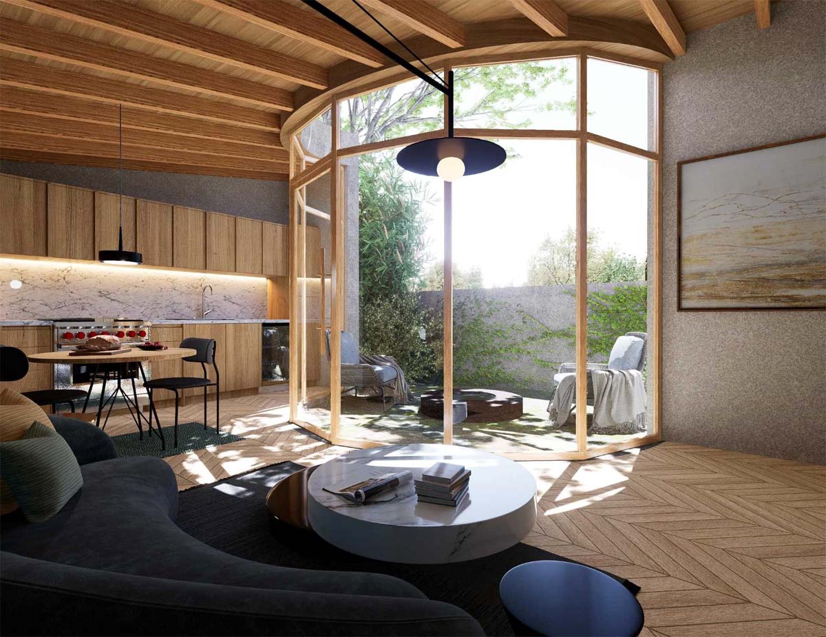 A modern ADU (accessory dwelling unit) in Carpenteria, California, whose design curves around a circular patio.