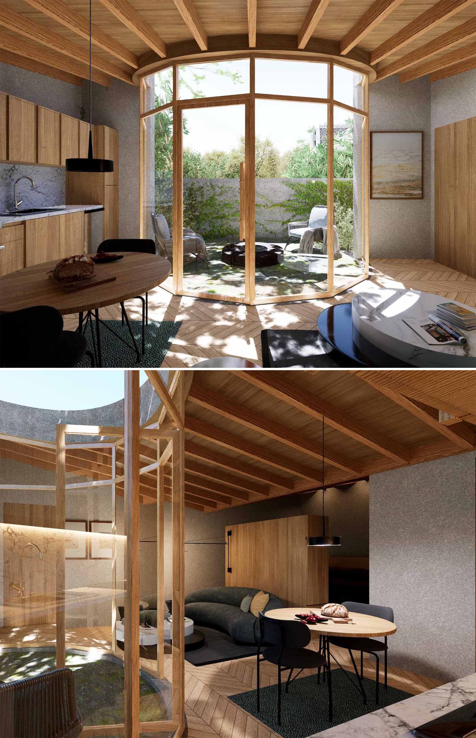 Un ADU modern, cu un design curbat, include un plan deschis cu bucătăria, zona de luat masa și camera de zi care împart spațiul.
