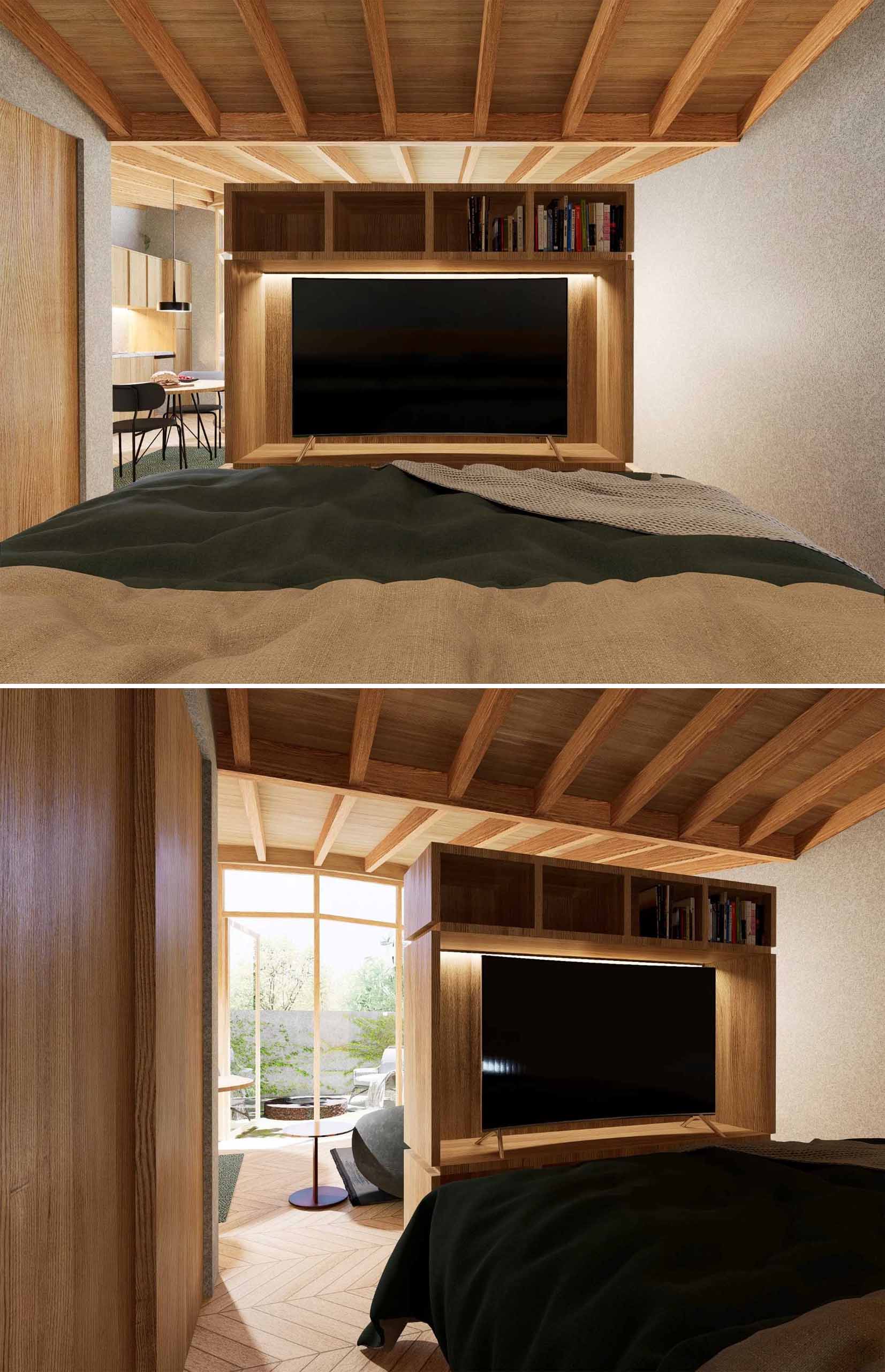 A modern bedroom tucked behind a partial wall in an ADU.