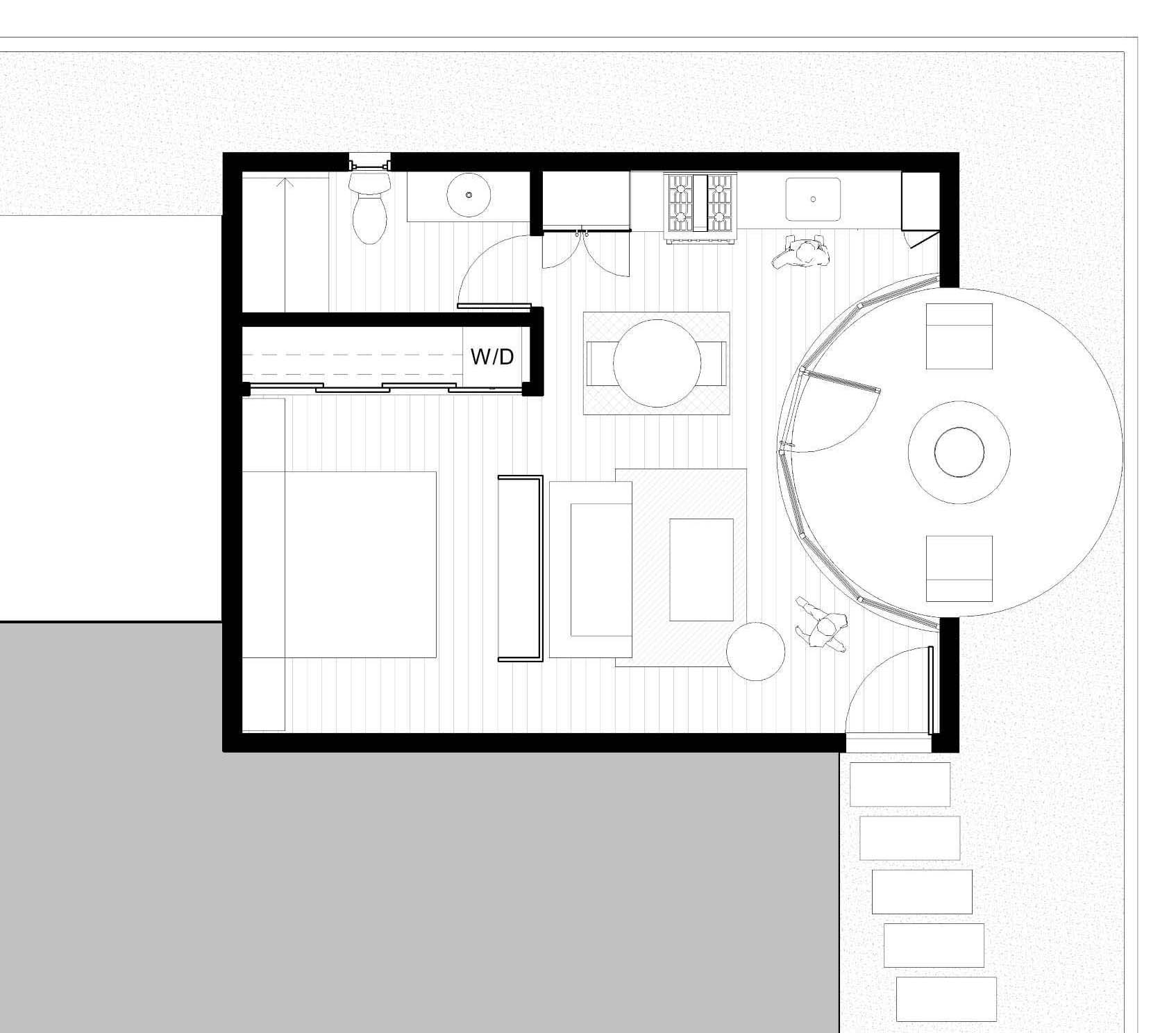 The floor plan of a modern ADU (accessory dwelling unit).