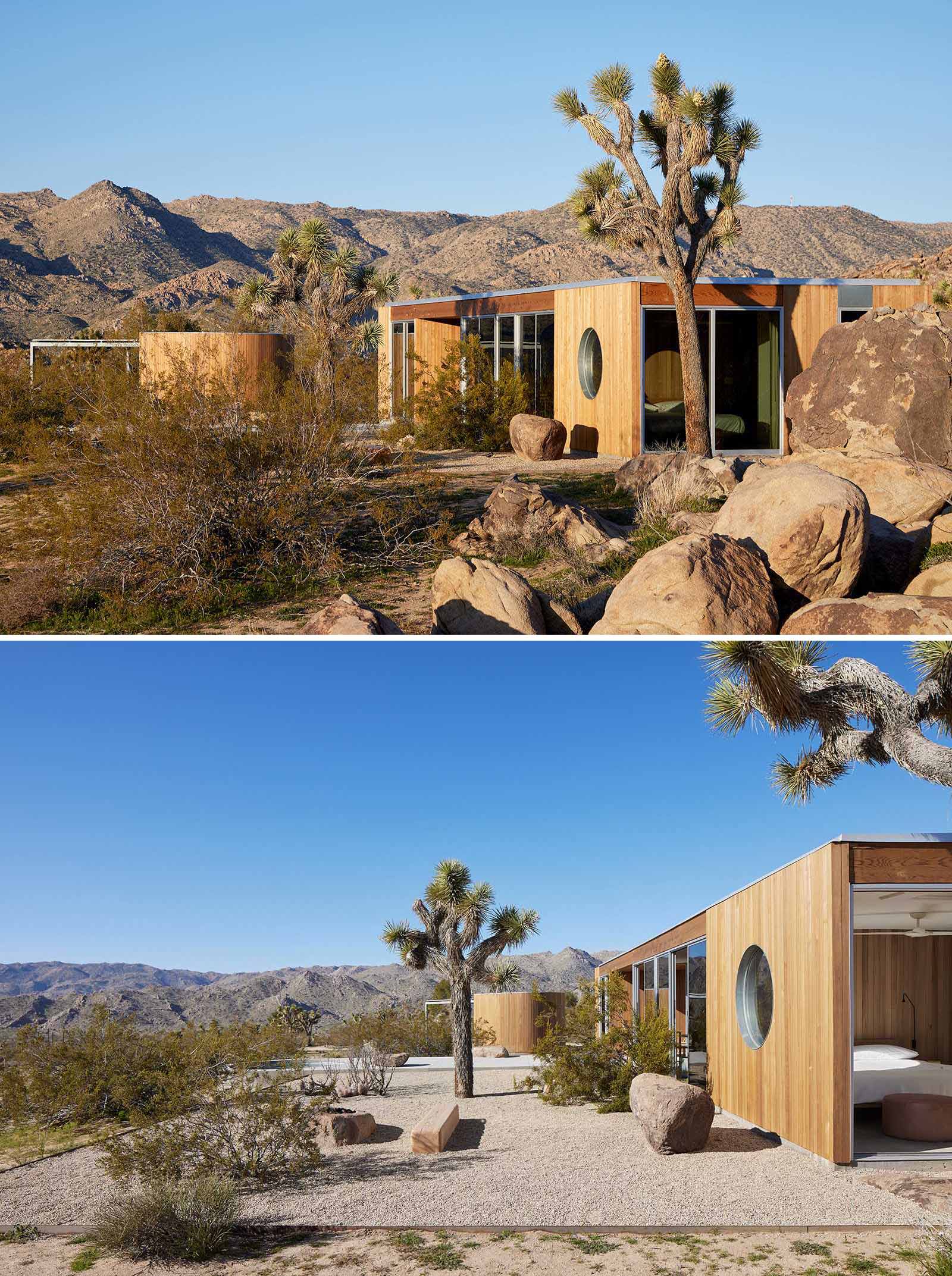 A desert home with wood siding that blends into its surrounding.