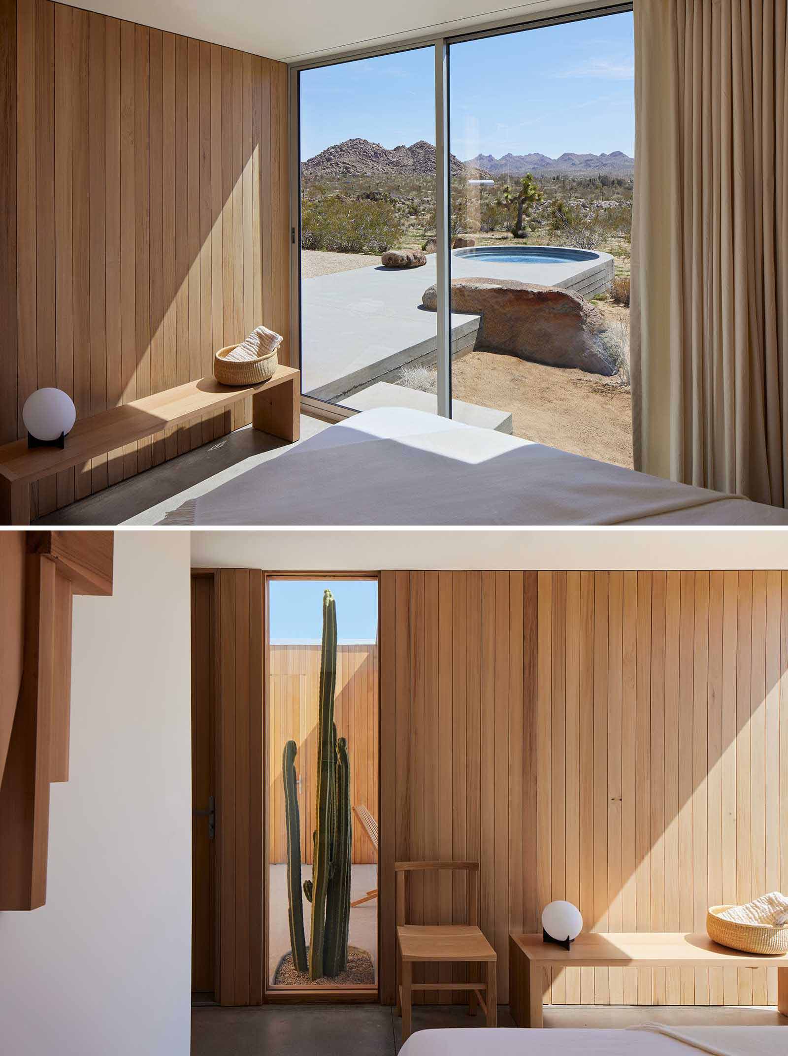 This modern bedroom includes cedar wall paneling that covers the walls.