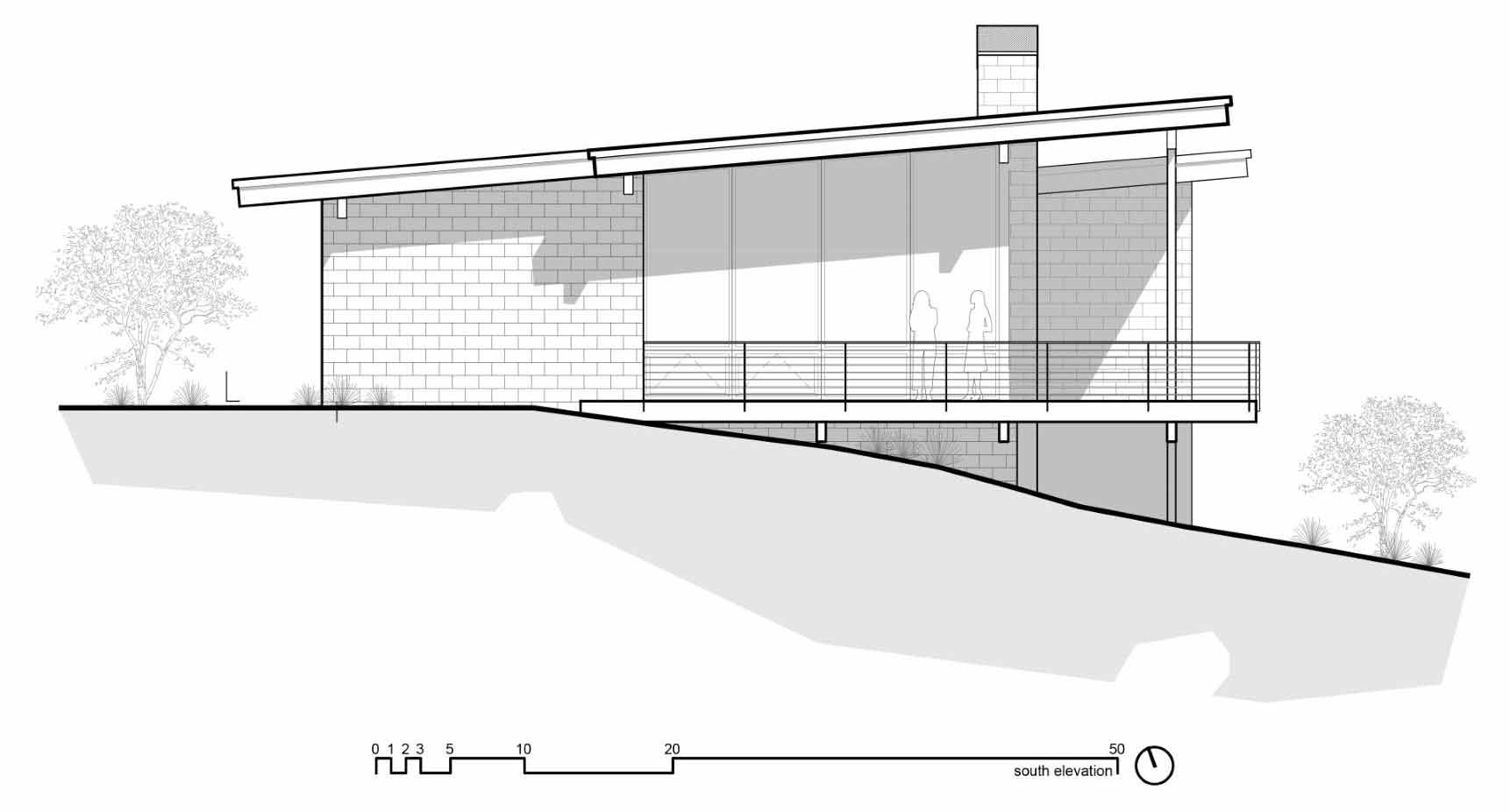 The elevation plan of a modern desert home that features weathering steel, split-face concrete block, and cedar.