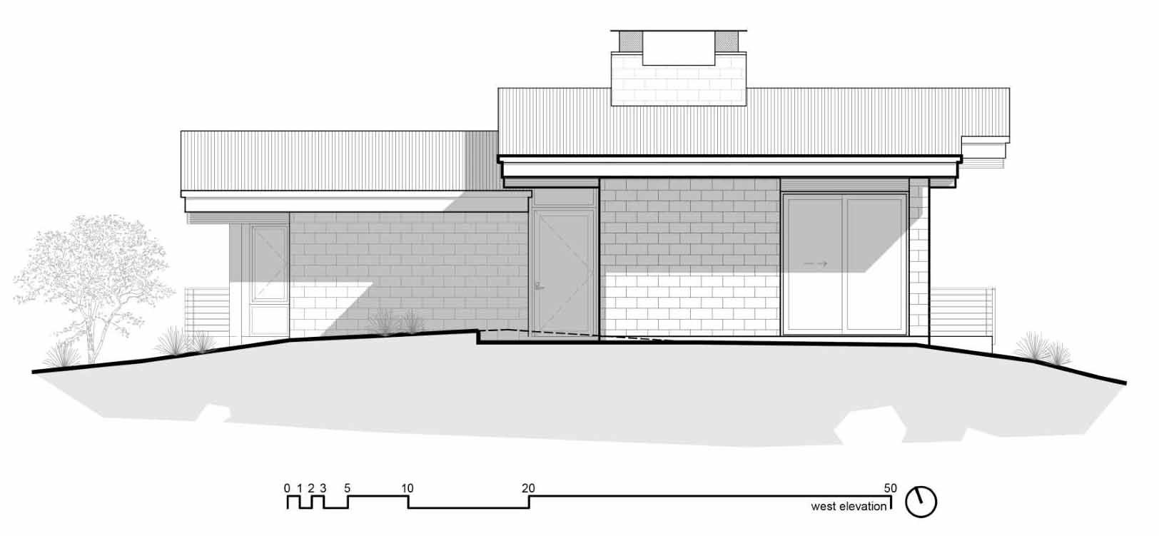 The elevation plan of a modern desert home that features weathering steel, split-face concrete block, and cedar.