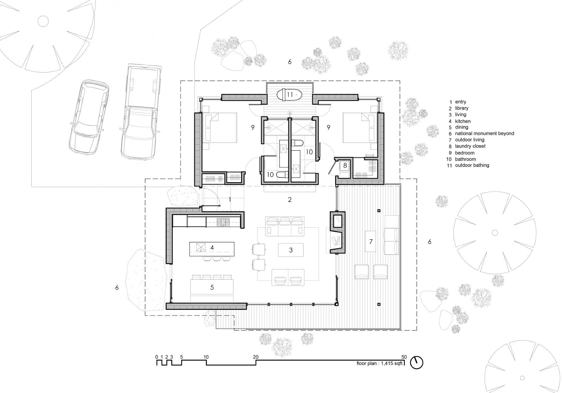 The floor plan of a modern desert home that features weathering steel, split-face concrete block, and cedar.