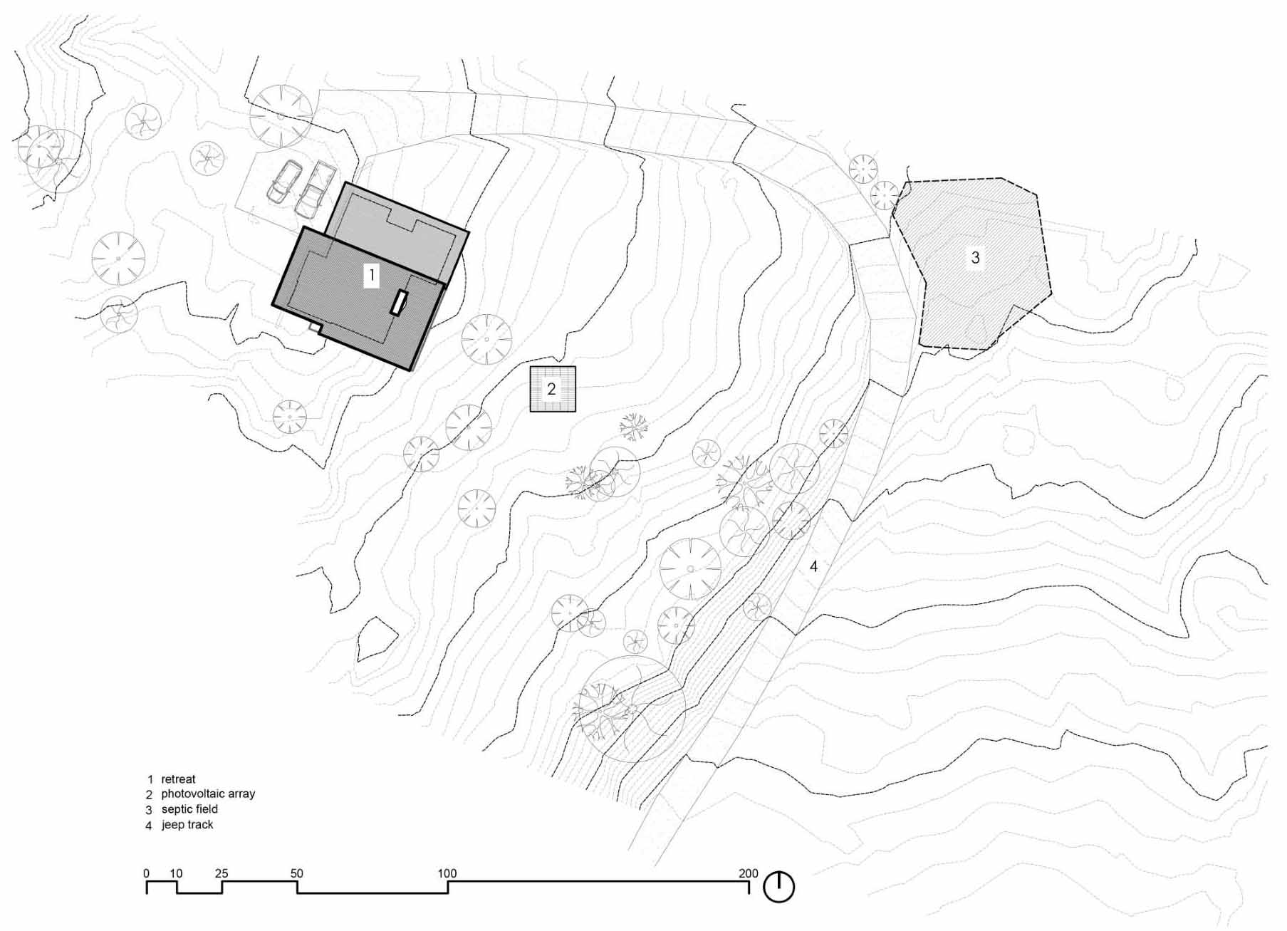 The site plan of a modern desert home that features weathering steel, split-face concrete block, and cedar.