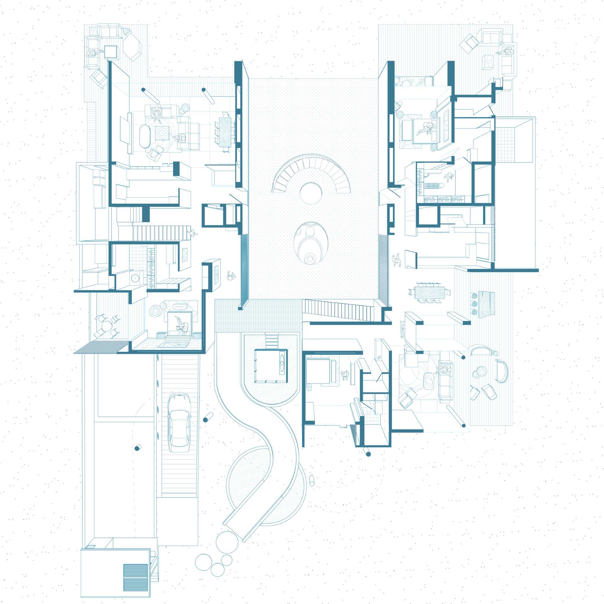 The floor plan of a modern home designed for different generations.