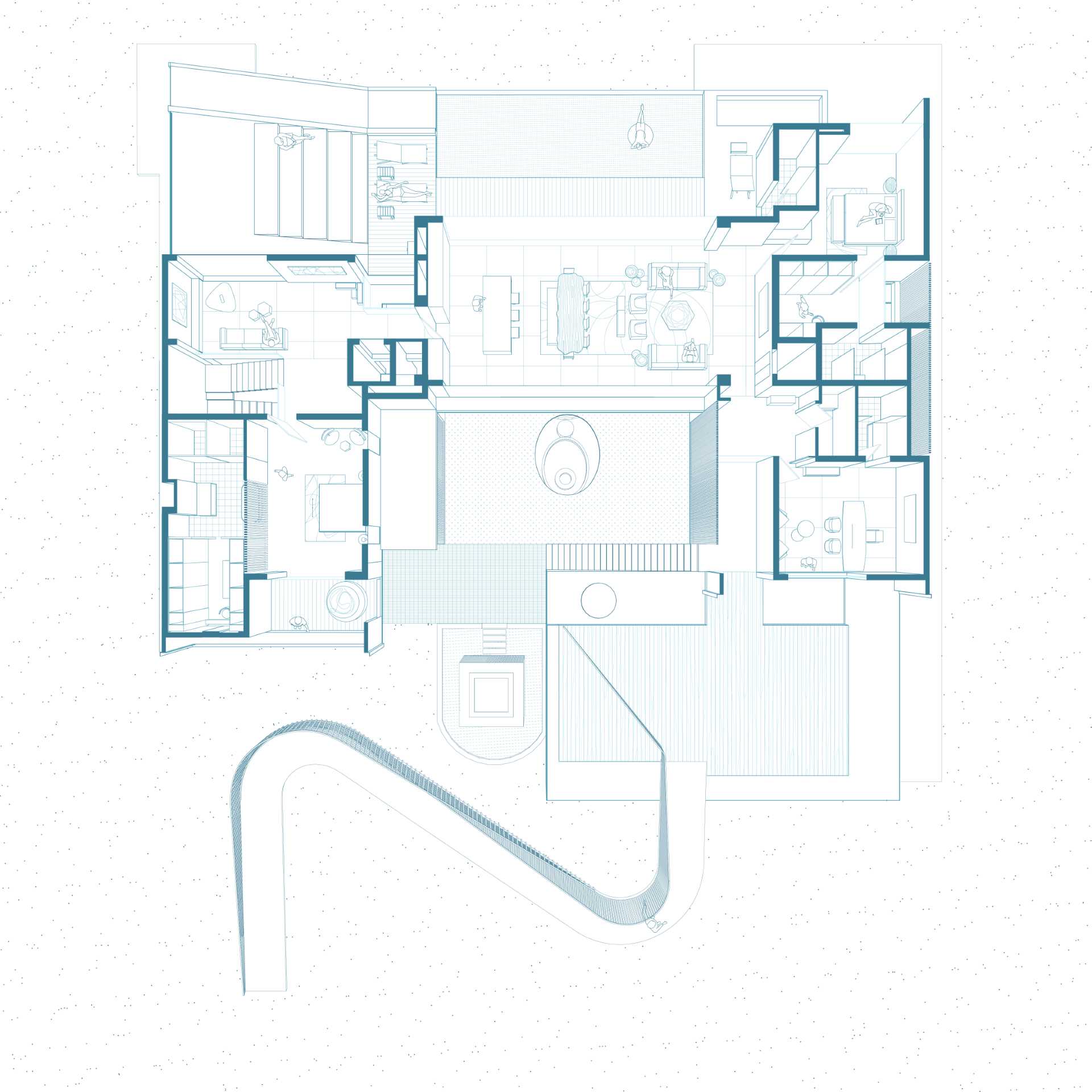 The floor plan of a modern home designed for different generations.