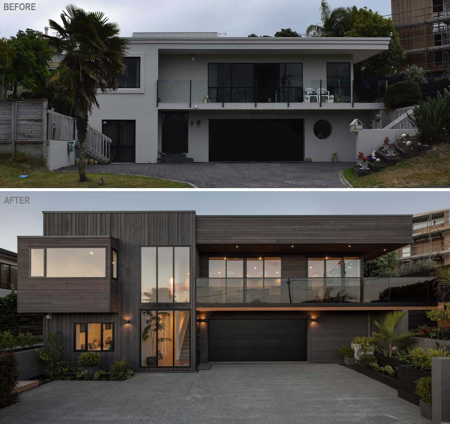 A renovated 1980's plaster clad home in New Zealand, was given a contemporary dark wood exterior and new windows.