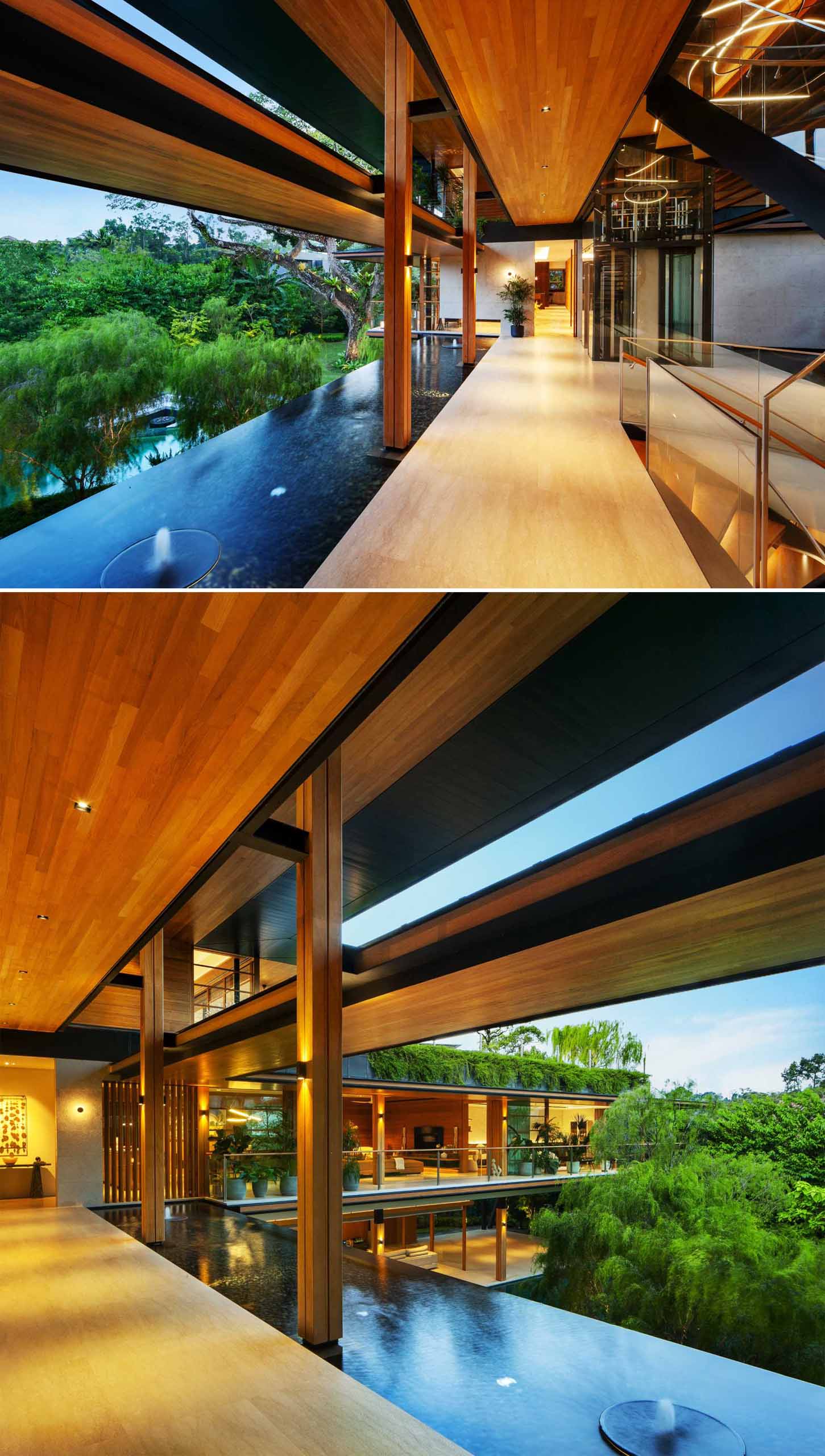 A modern house with plenty of greenery and water features that help keep the home cool.