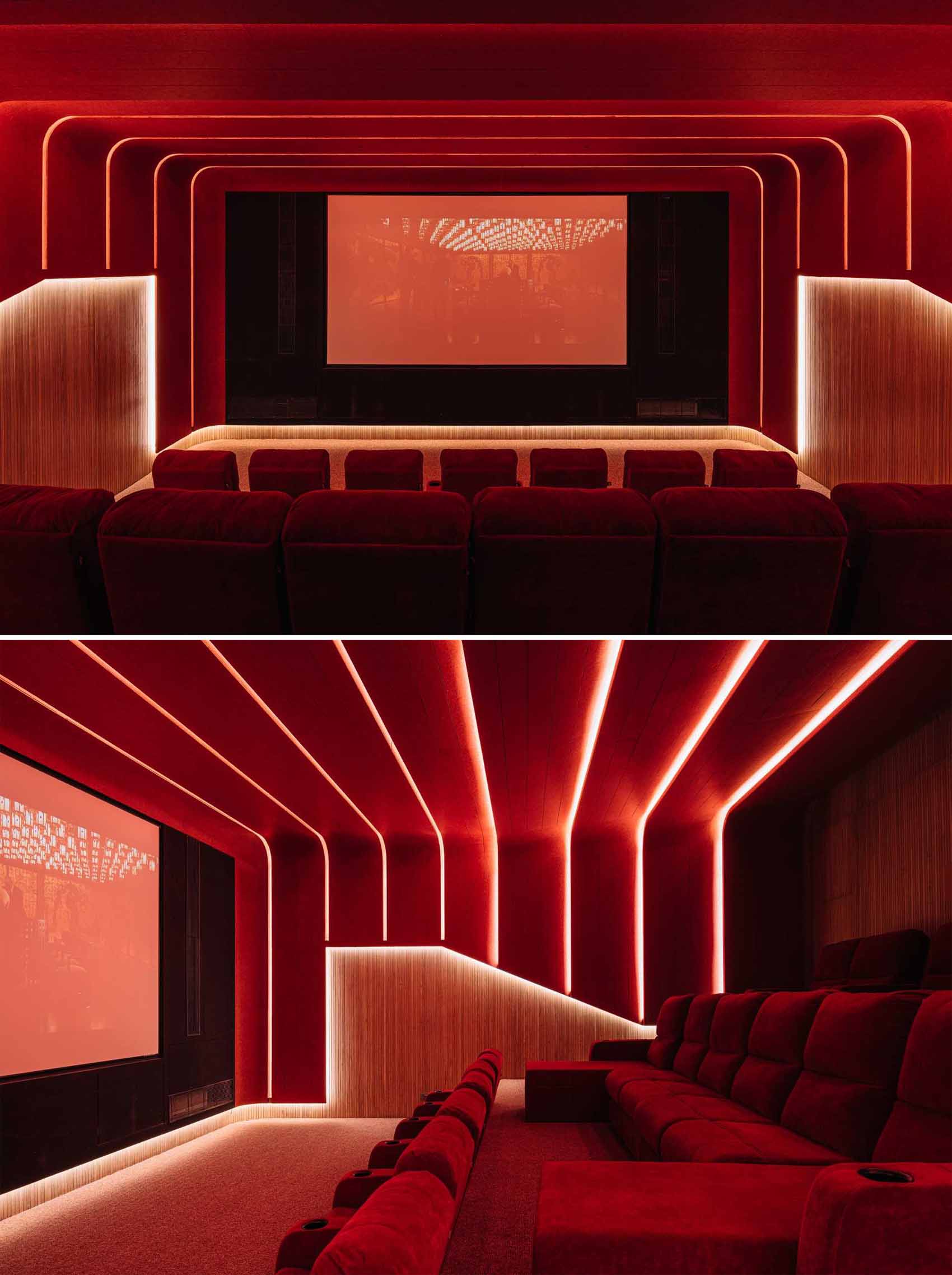 Un element de design surpriză este un home theater cu o temă roșie.