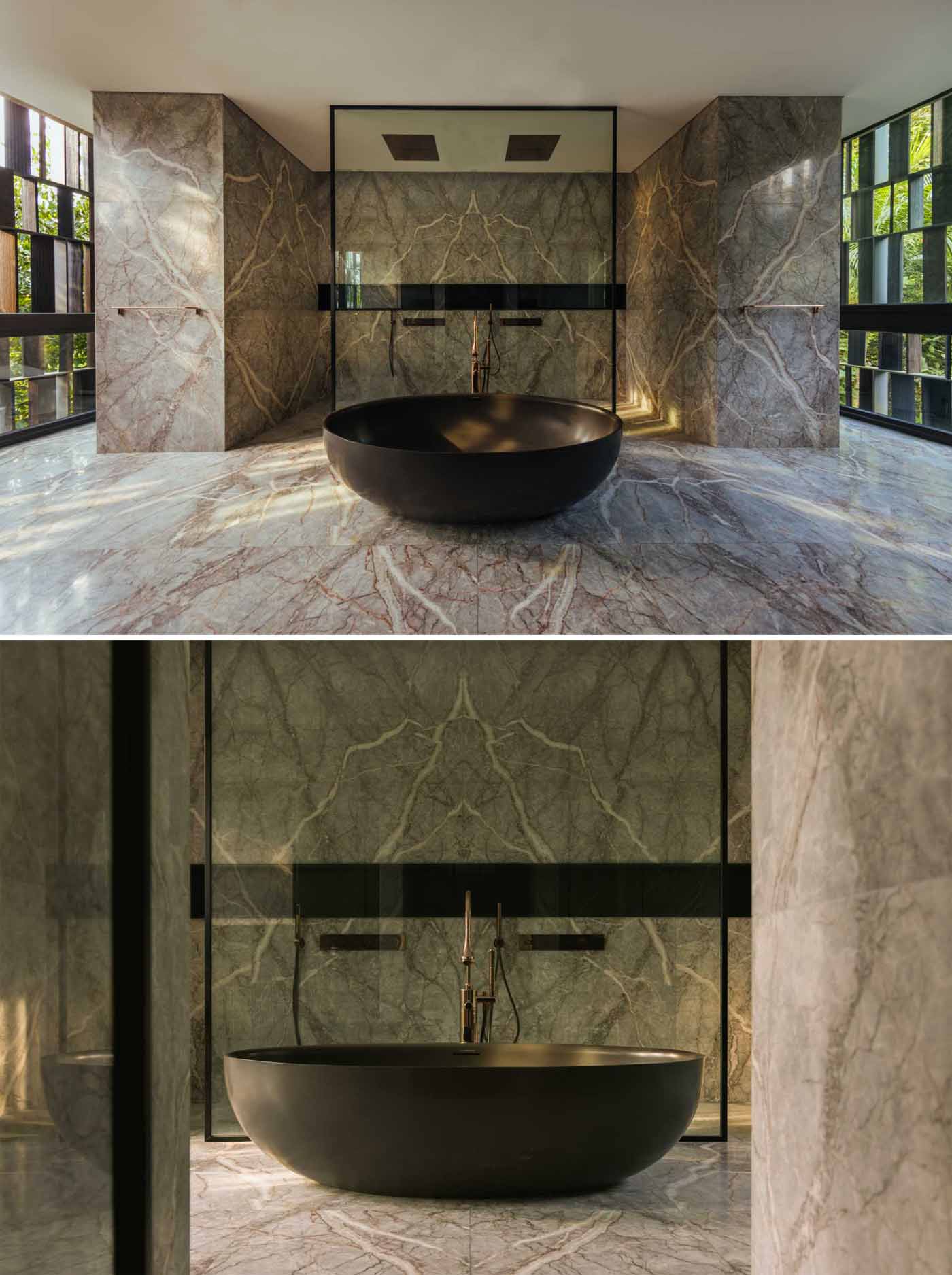 A modern bathroom with a black freestanding bathtub and a walk-in double shower.