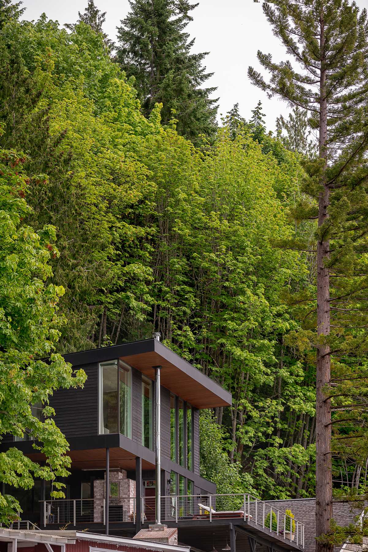 A modern beach house with black-stained and natural cedar siding.