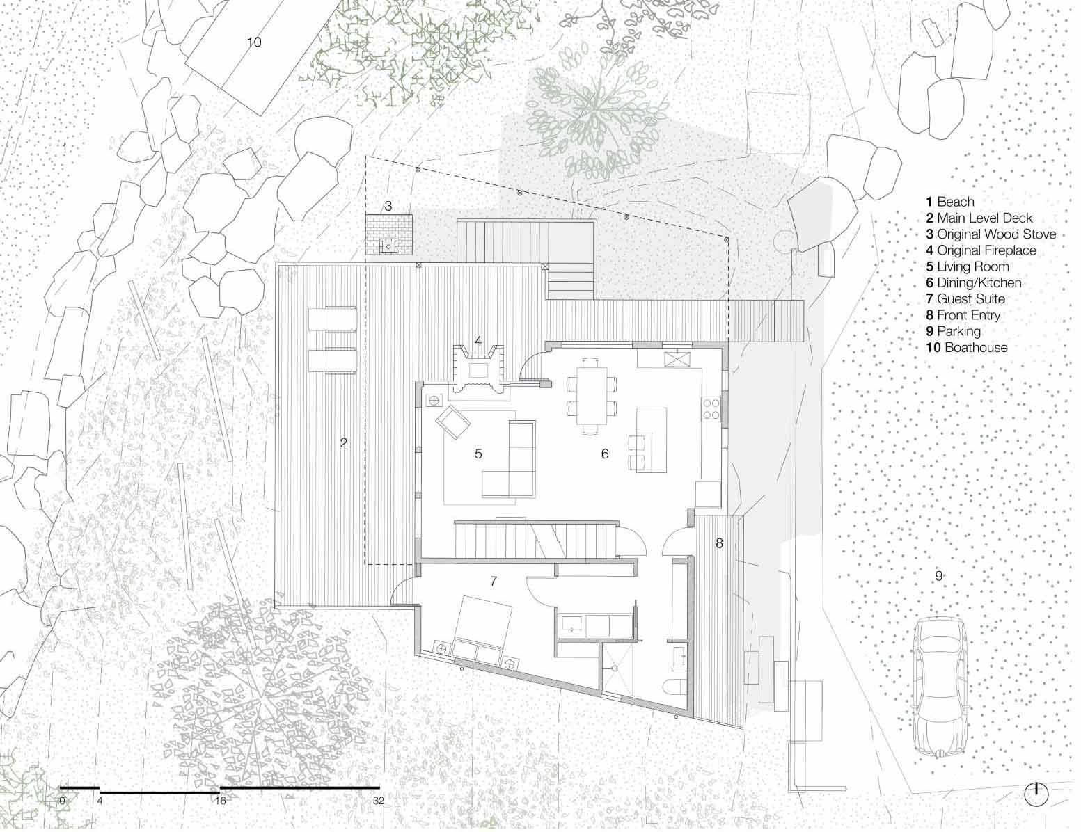 The floor plan of a renovated beach house.