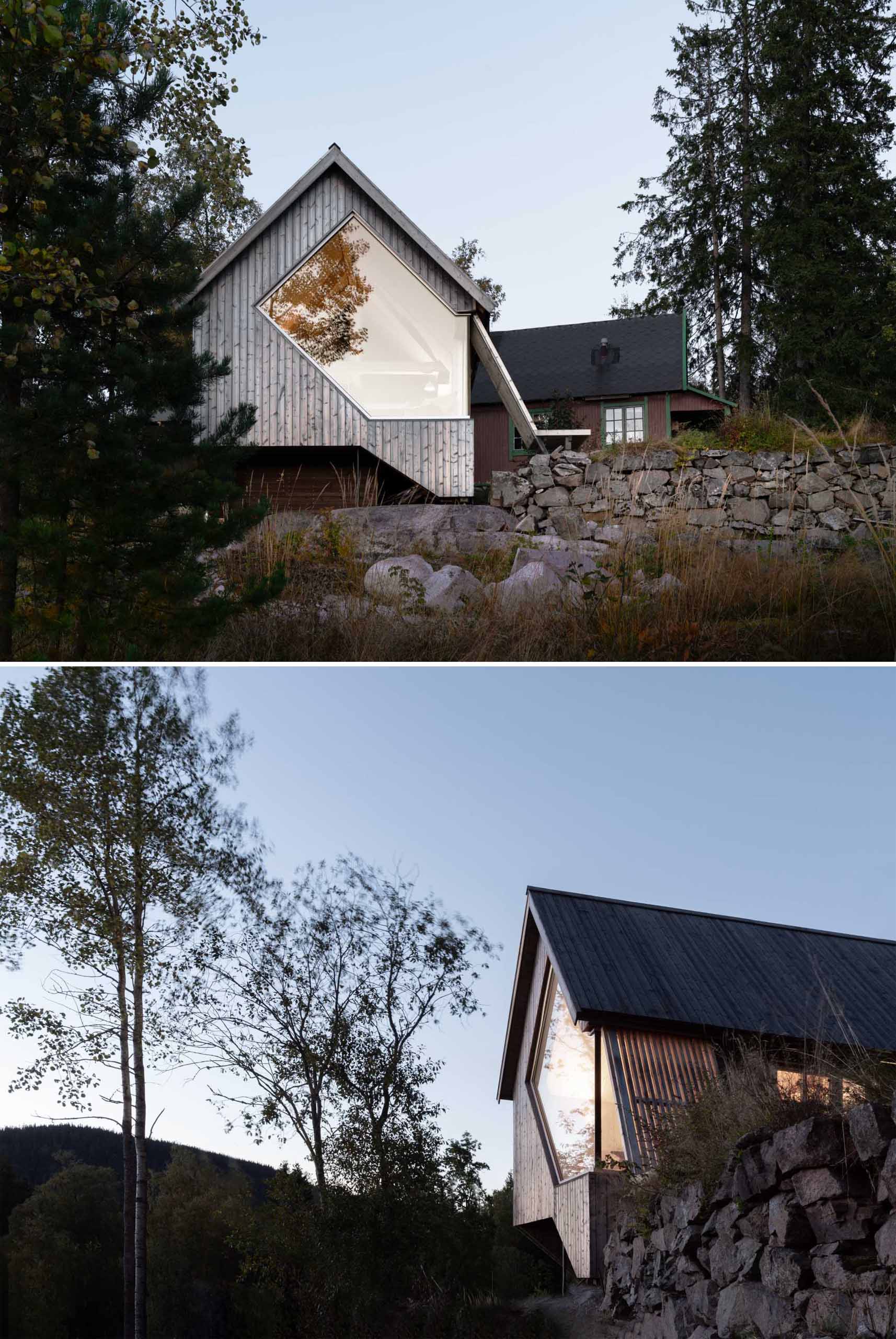 A contemporary cabin designed to include a uniquely shaped window that perfectly frames the sunset.