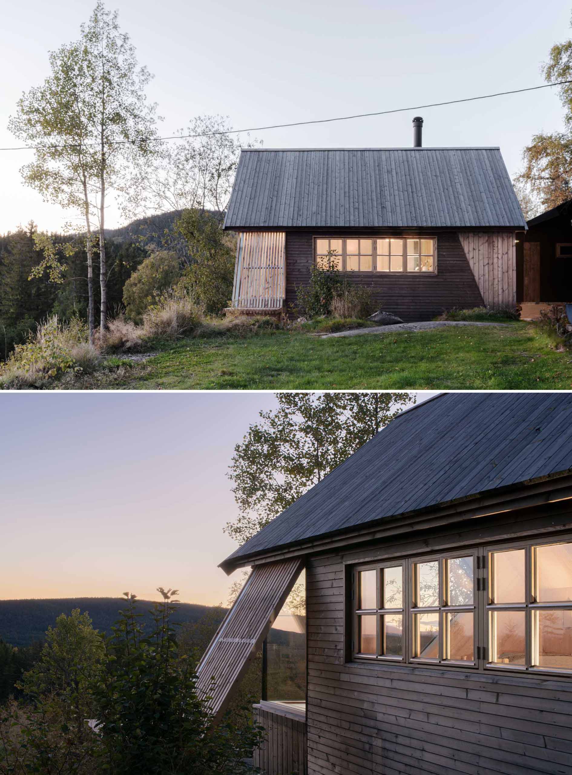 A contemporary cabin designed to include a uniquely shaped window that perfectly frames the sunset.