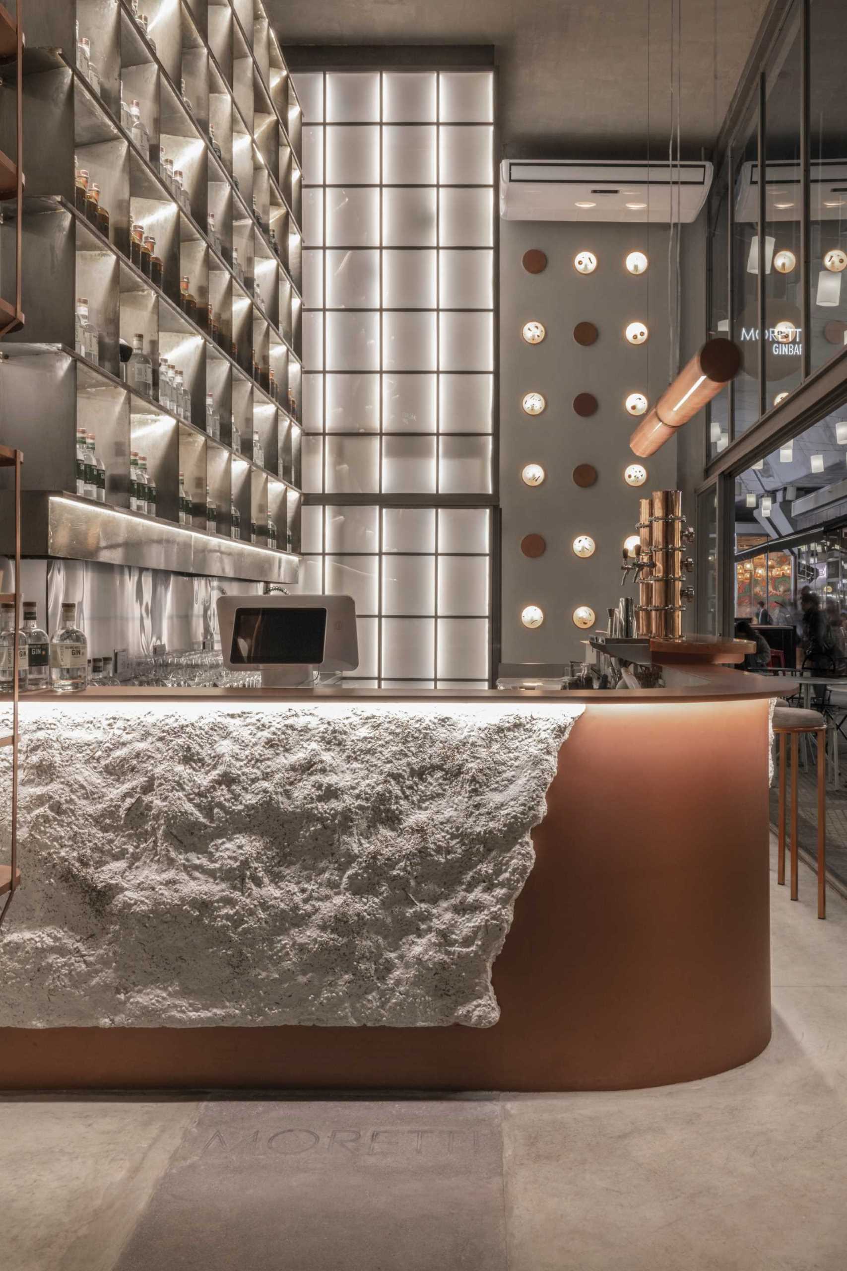 A modern gin bar has an interior inspired by materials found in the distillery.