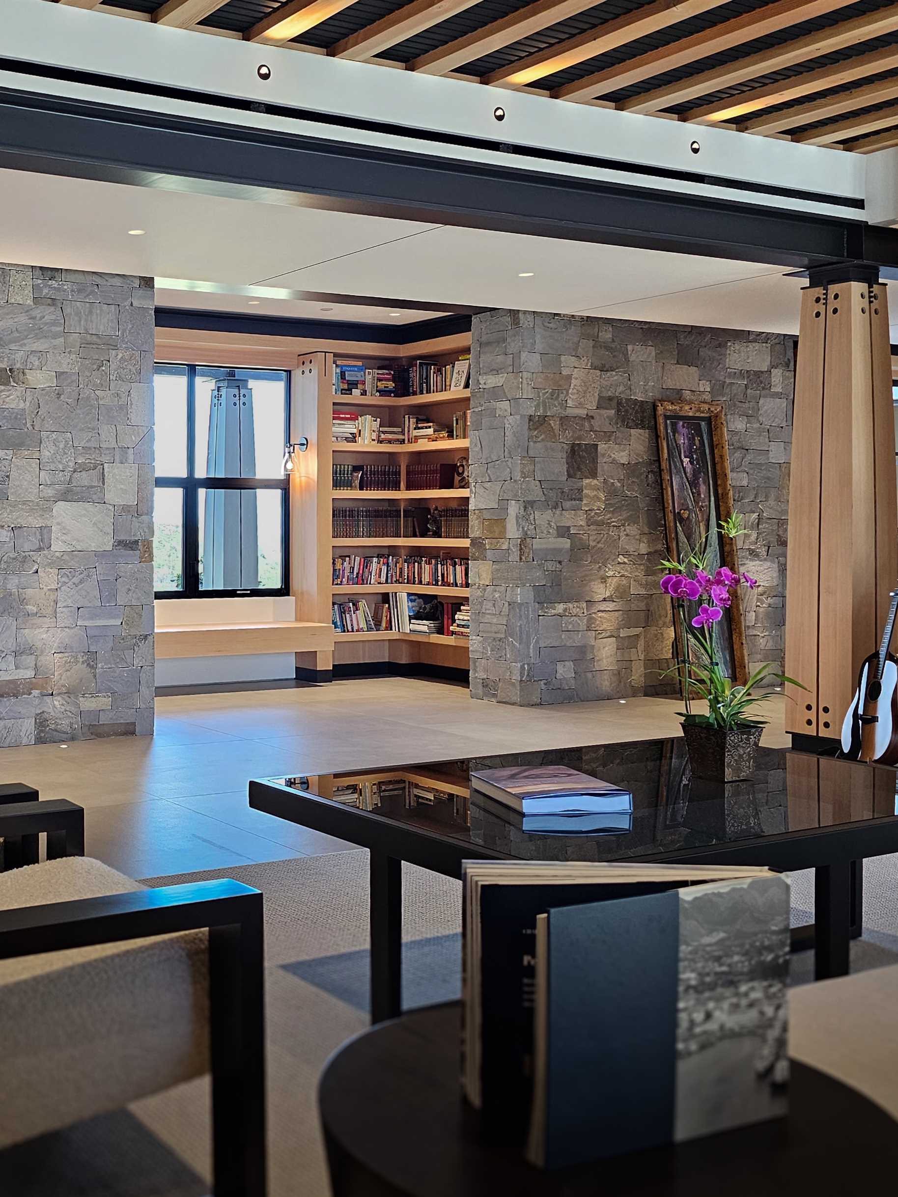 A contemporary house with built-in bookshelves.