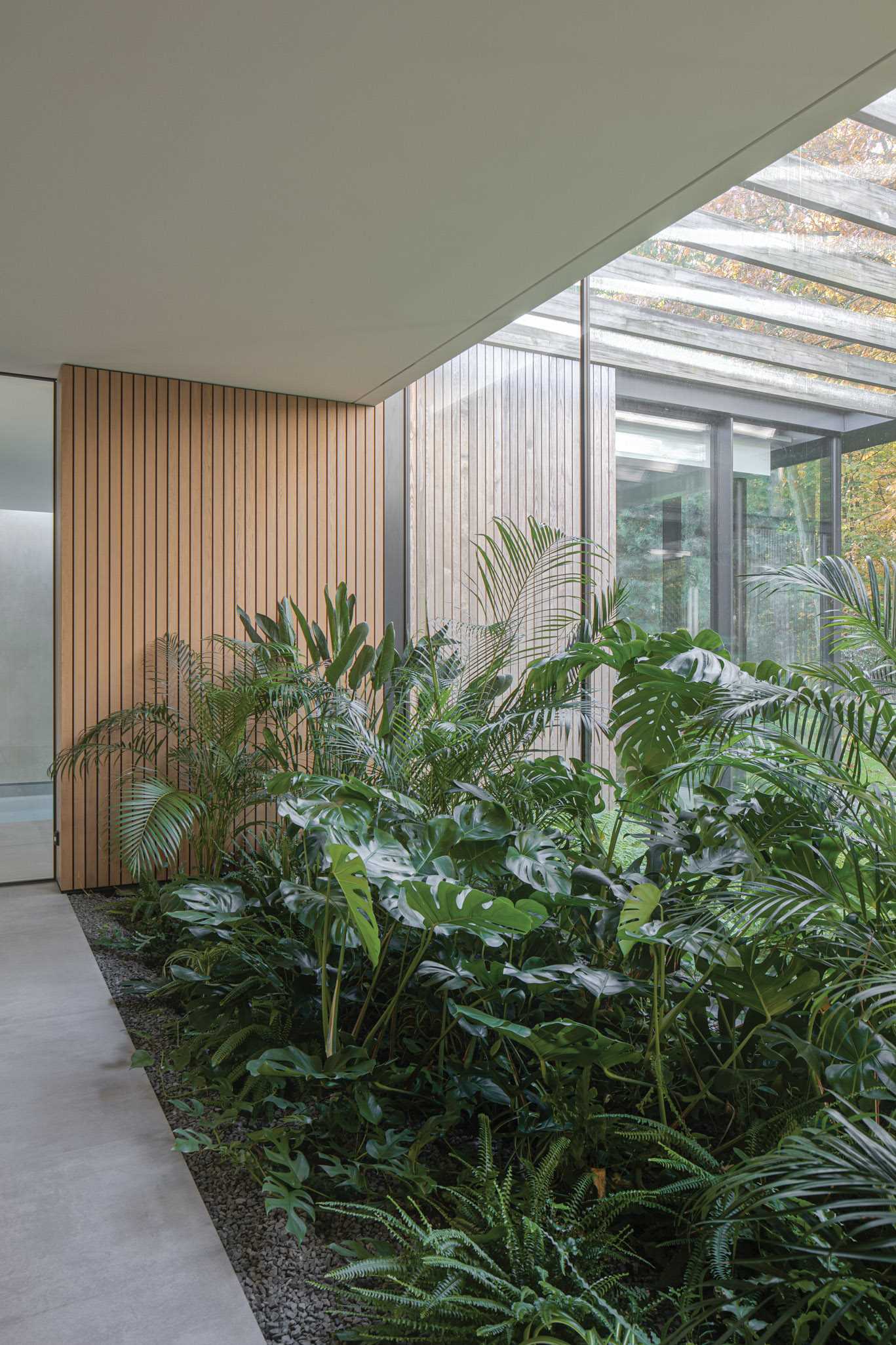 Small gardens penetrate the interior of this modern home, reaching into patios and semi-patios, appearing behind glass walls in the hall, living room, and bathroom. 