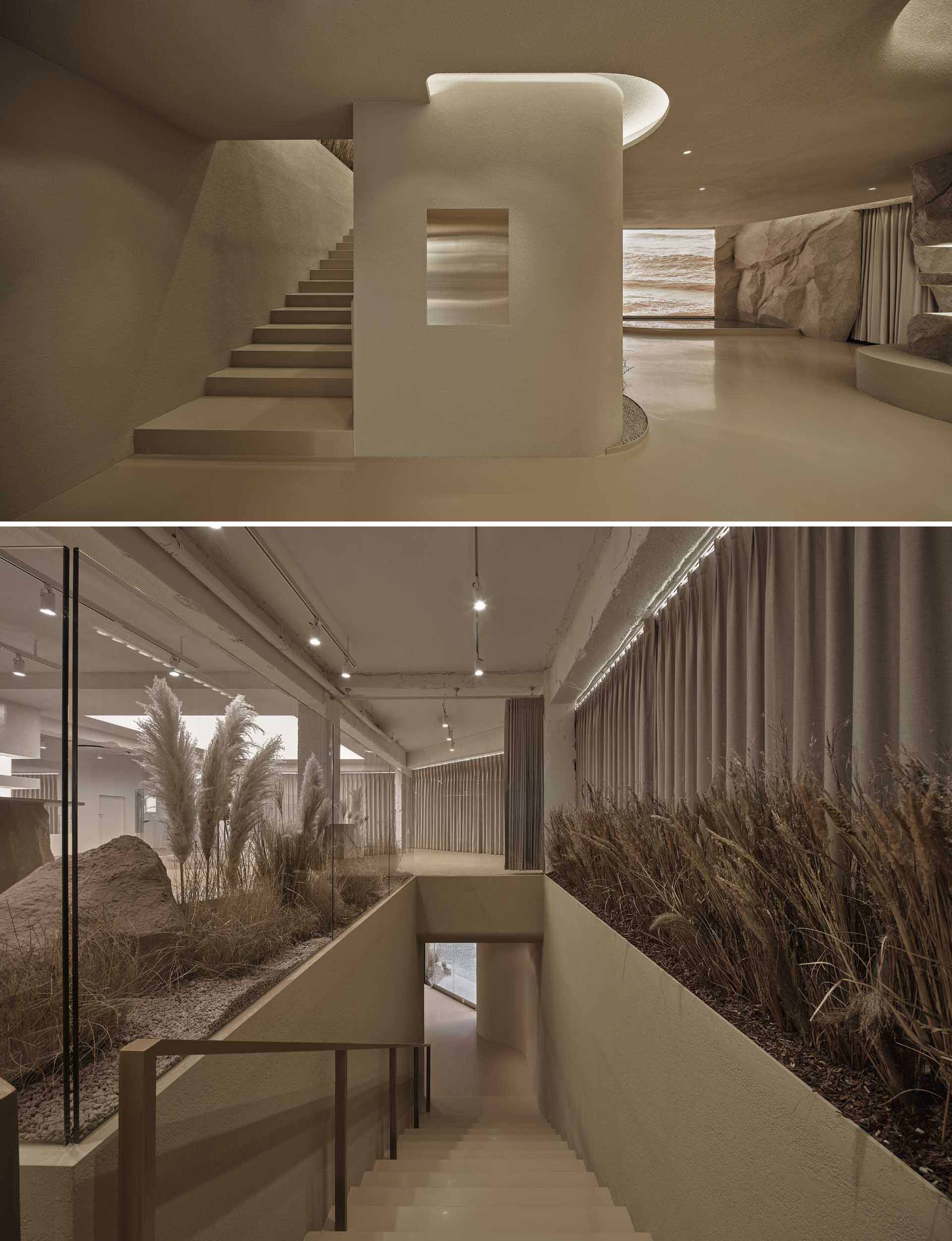 A modern skincare boutique inspired by "untouched nature" includes rock formations, warm brown tones, and a reed forest.