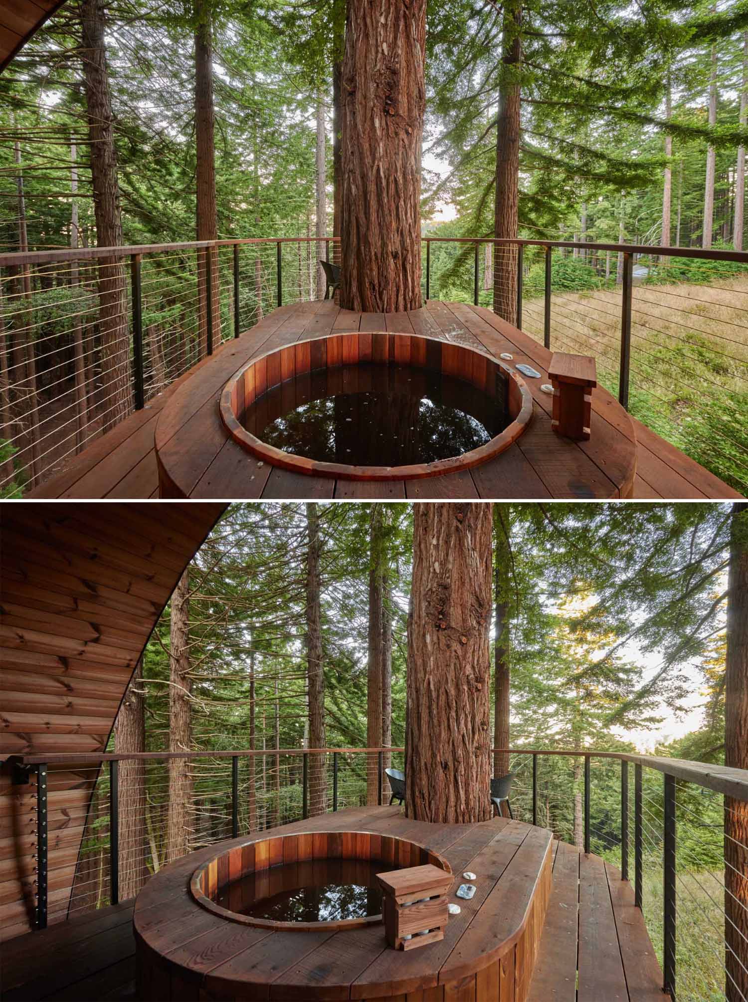 This modern treehouse cabin opens to a partially covered deck that wraps around a large tree, and has a cedar hot tub that overlooks the forest ravine.