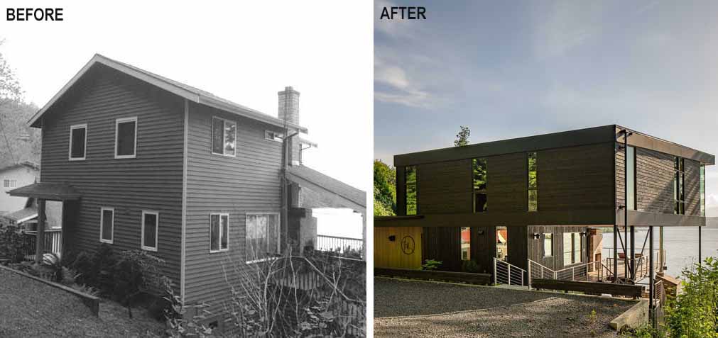 A renovated beach house with black-stained and natural cedar siding.